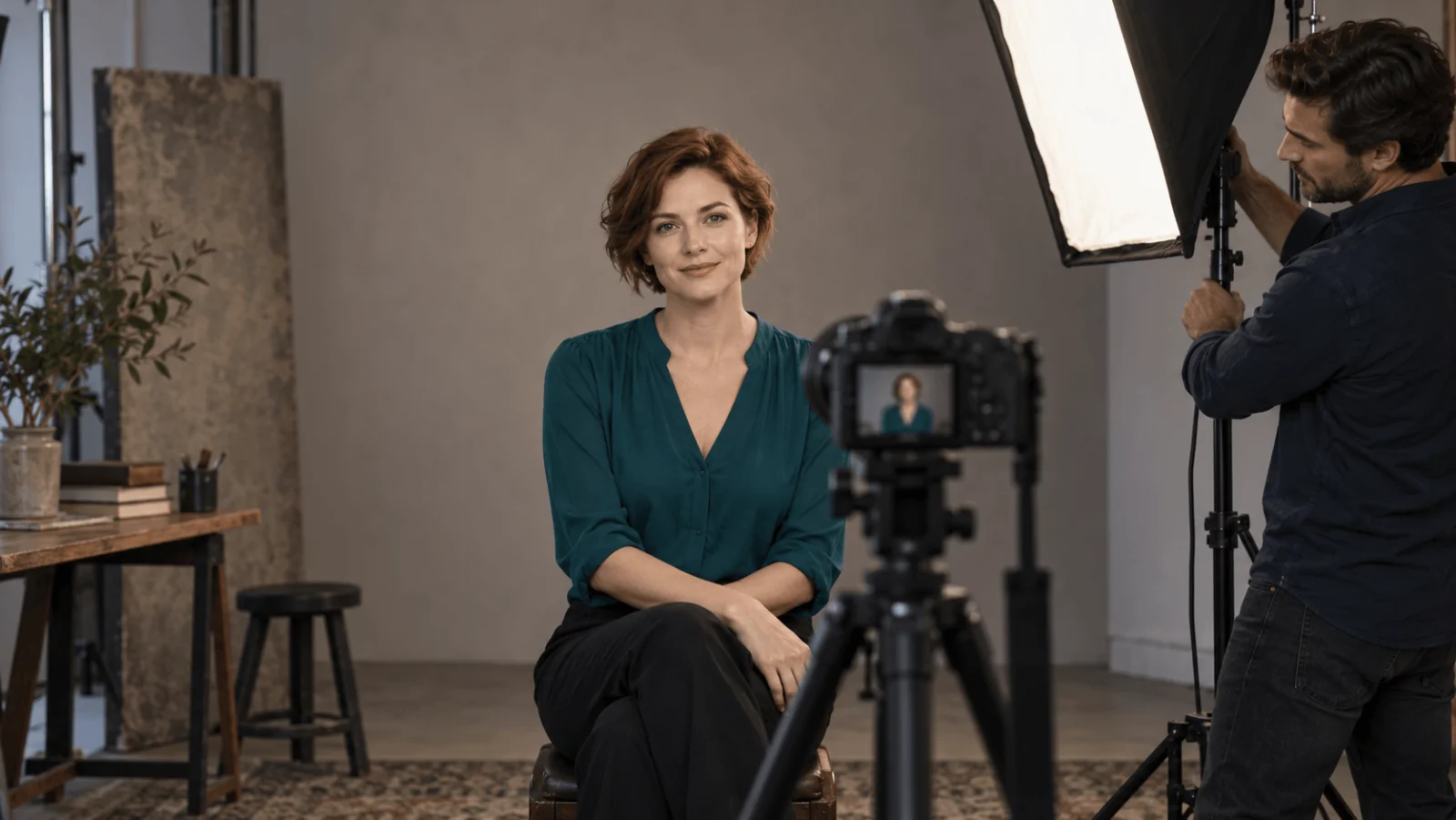 Illustrazione editoriale di una sessione di ritratti: una donna adulta con capelli corti color auburn, in verde acqua, è seduta davanti a una fotocamera su treppiede mentre un fotografo adulto regola un softbox di lato; non è un risultato di Look-Alike.