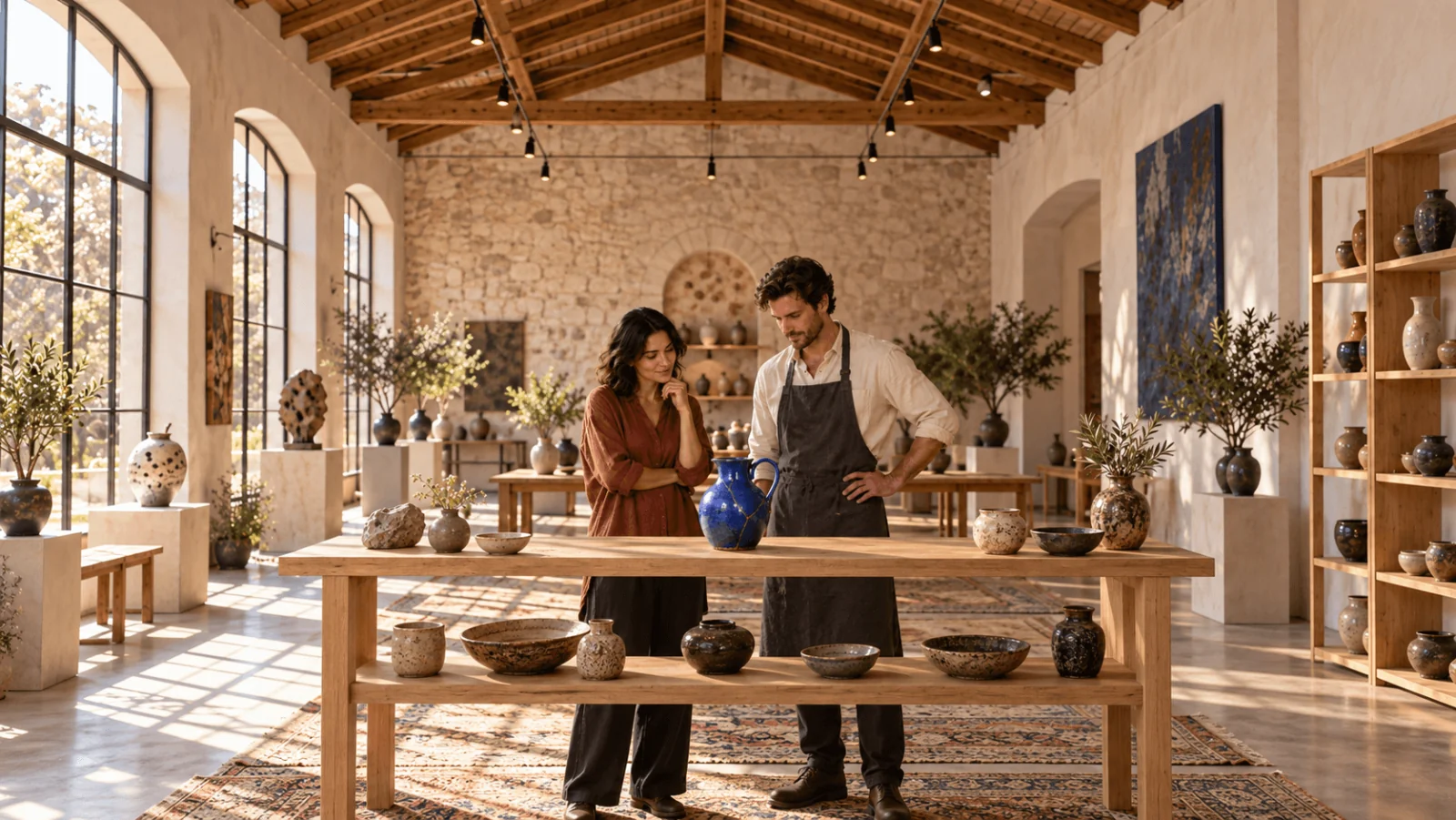 Due adulti esaminano un bricco color cobalto su un tavolo in un luminoso laboratorio di ceramica.