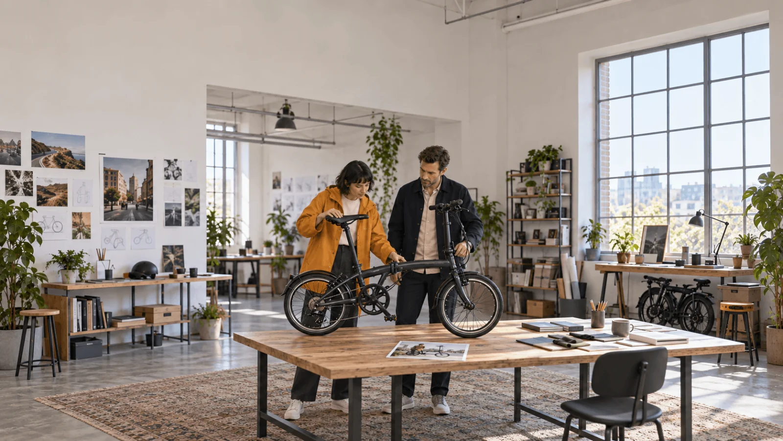 Due adulti esaminano una bicicletta pieghevole color antracite su un tavolo da studio; la donna indossa una giacca arancione senape