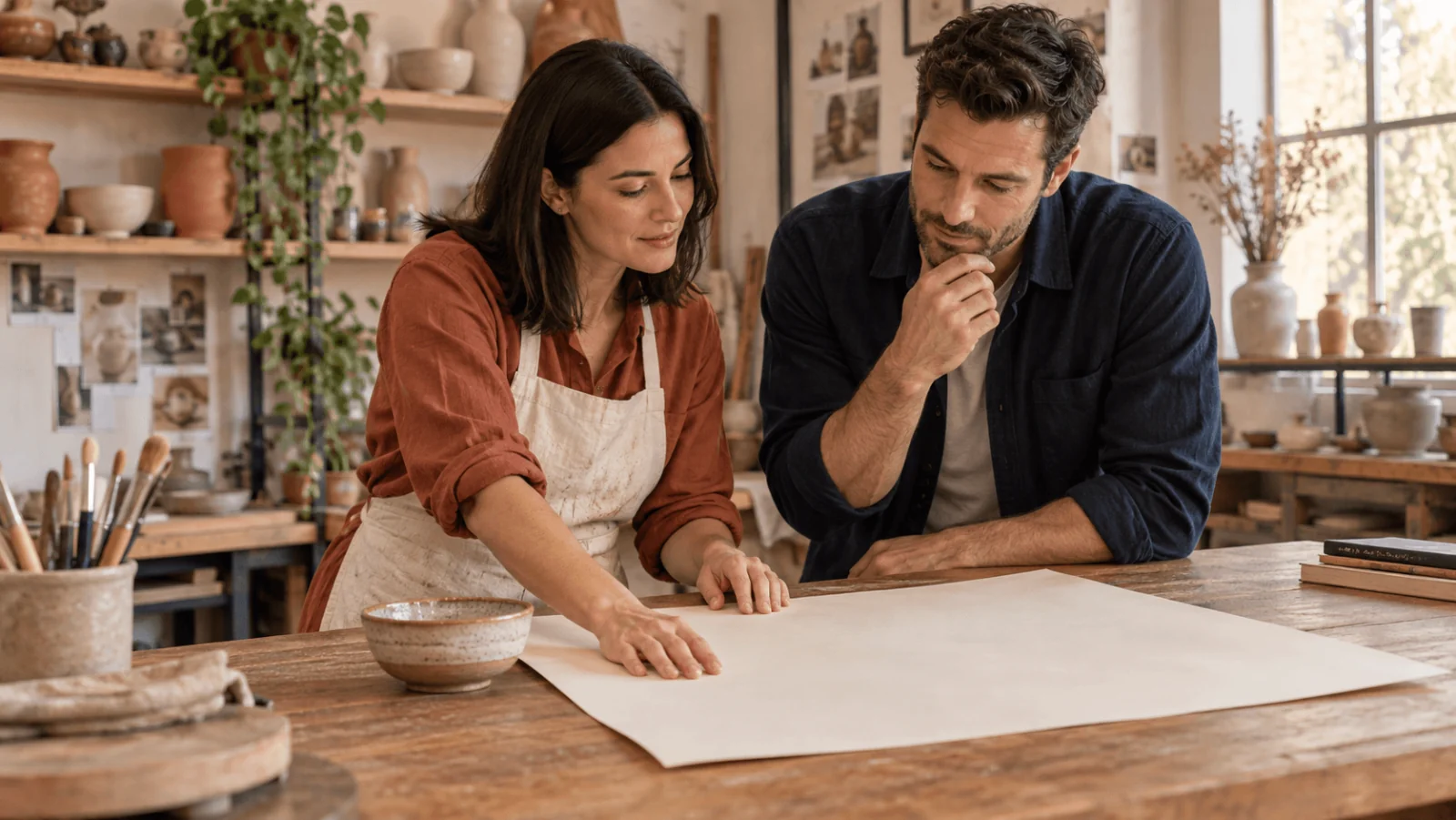 Due adulti fittizi, designer di ceramica, esaminano un foglio di layout vuoto in uno studio di ceramica