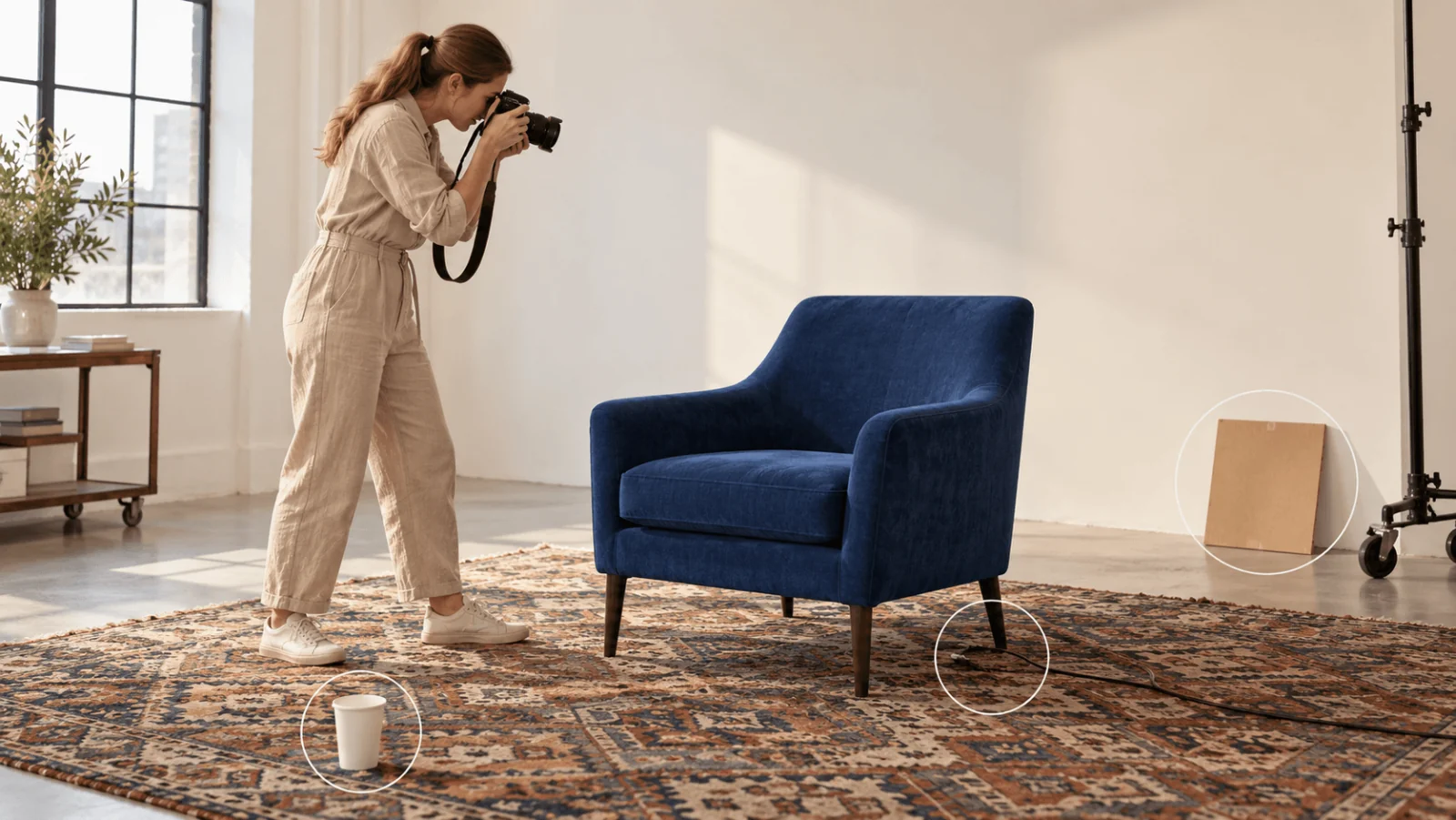 Un fotografo adulto fotografa una poltrona blu; cerchi editoriali segnano un bicchiere, un cavo e un pannello di cartone.