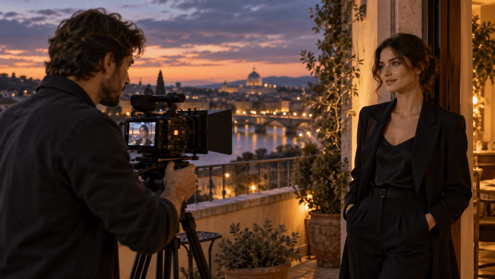 Una persona adulta dietro la cinepresa riprende una donna fittizia con giacca scura accanto a una porta di terrazza al crepuscolo