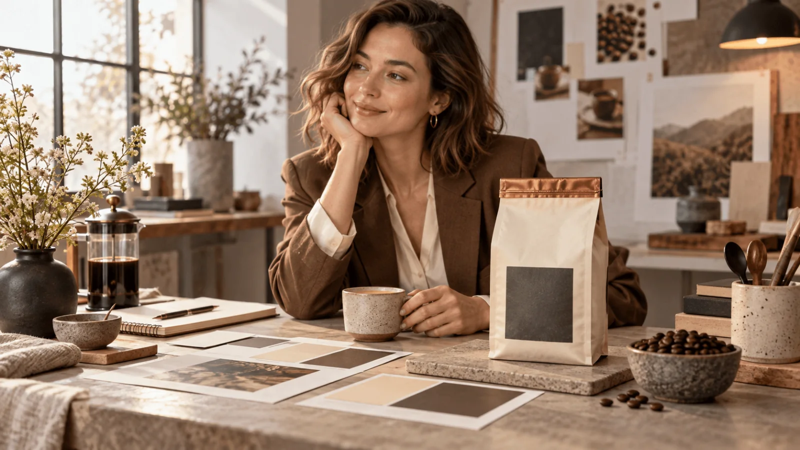 Una donna con blazer marrone appoggia il mento sulla mano a un tavolo da studio con una busta di caffè color crema con chiusura ramata ed etichetta grigio antracite, una tazza in gres, campiture di colore e una pressa francese