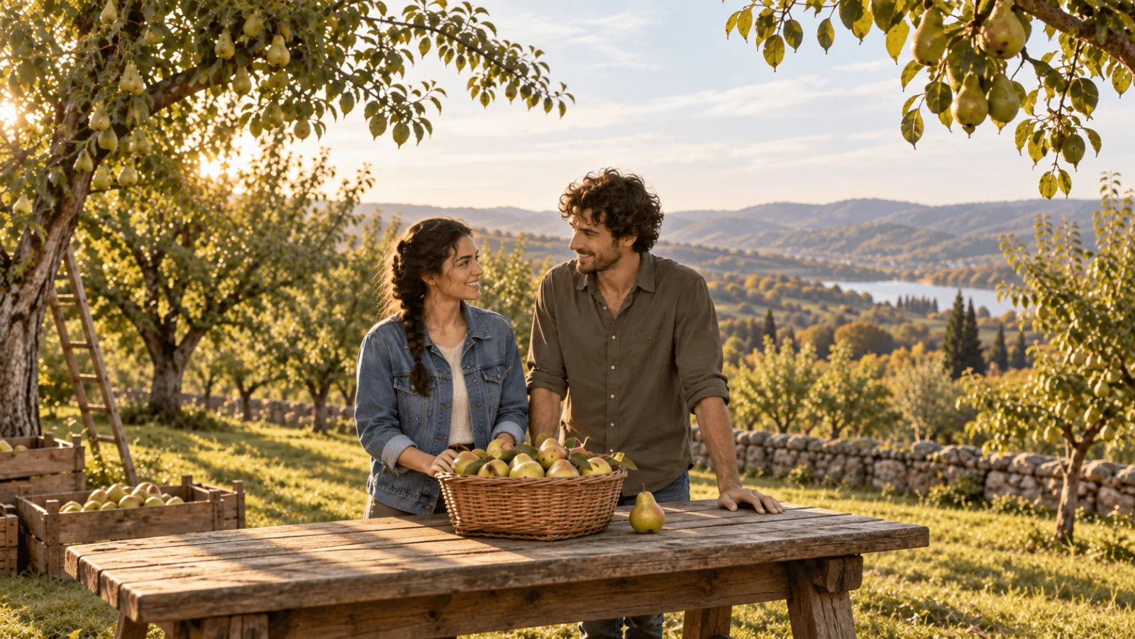 Due adulti accanto a un cestino di pere e una pera separata in un frutteto fittizio