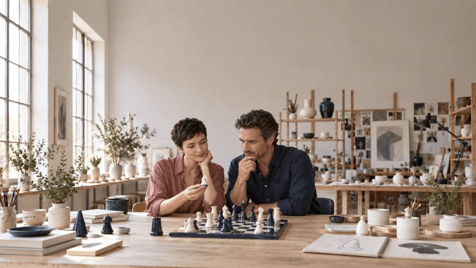Designer adulti di ceramica esaminano concetti di pezzi di scacchi blu navy e avorio su un tavolo da studio