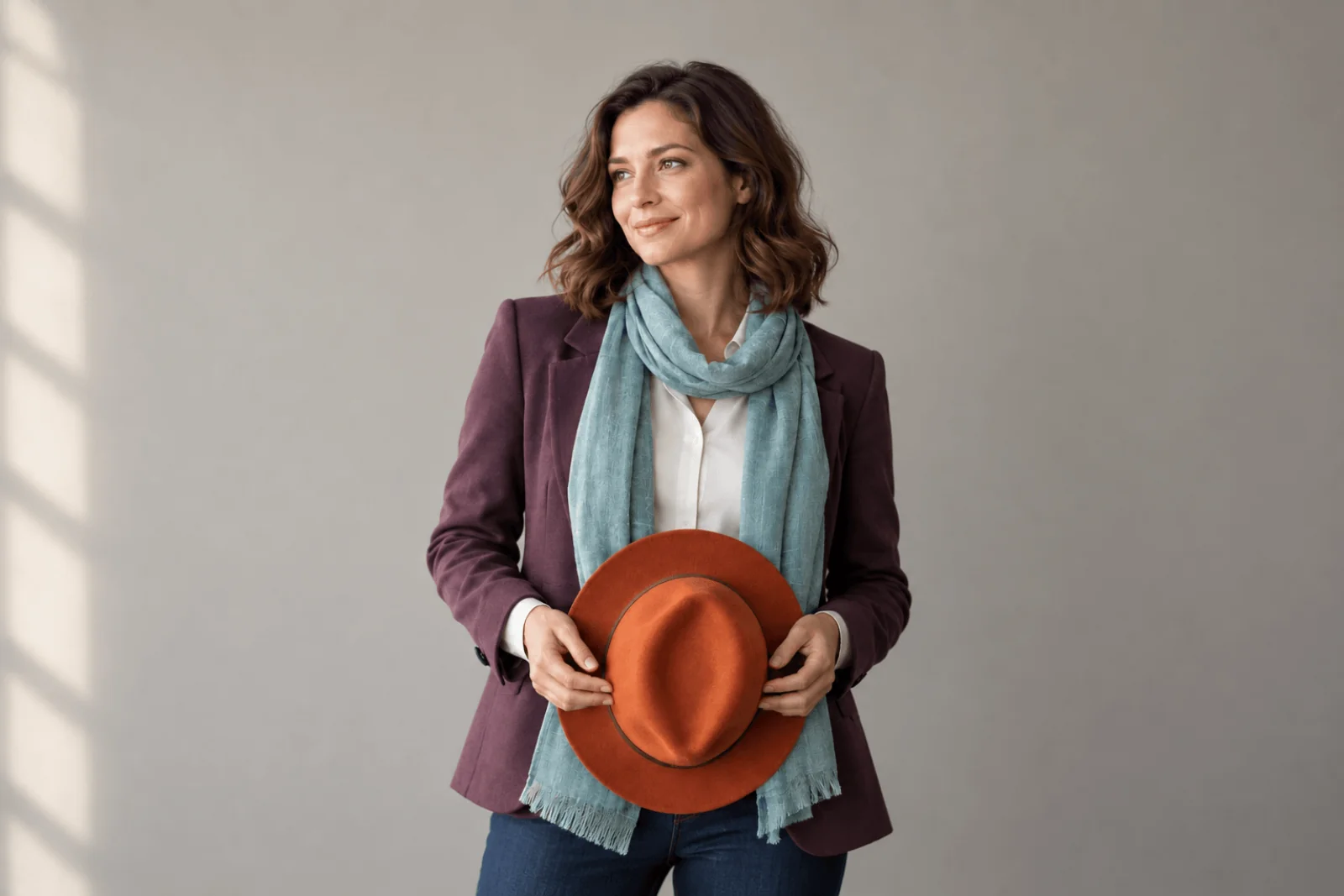Adult woman in a plum blazer and pale-teal scarf holding a burnt-orange felt hat