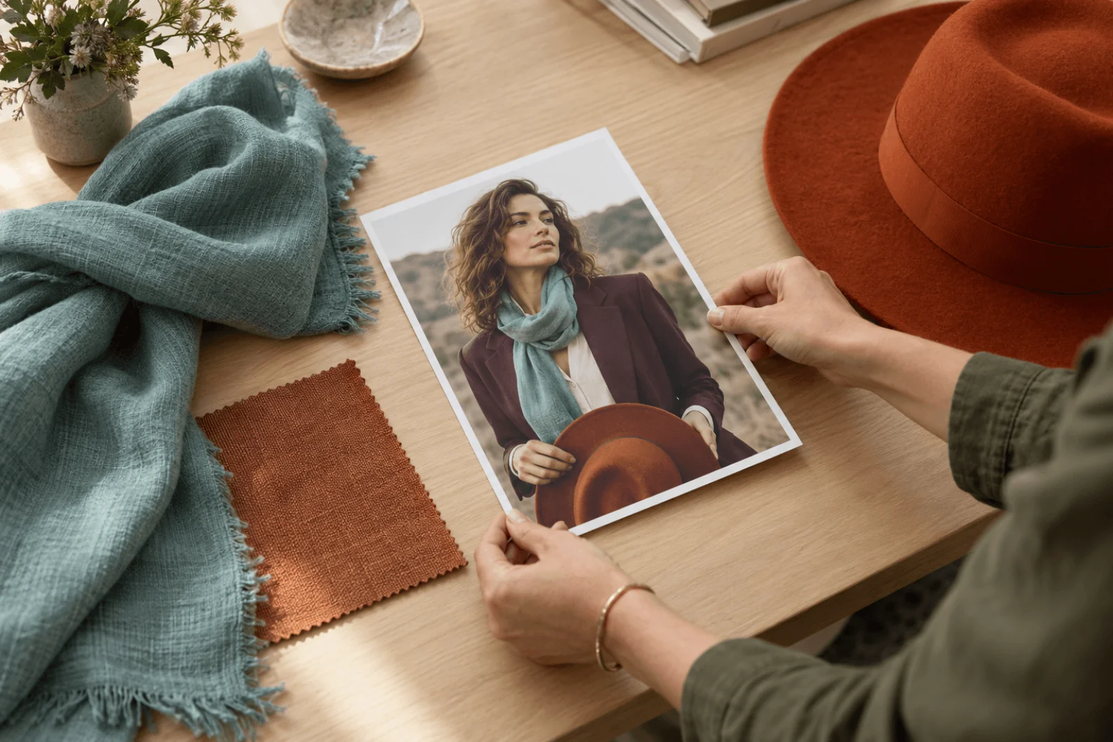 Portrait concept print, teal scarf, copper-brown fabric and burnt-orange felt hat on a worktable