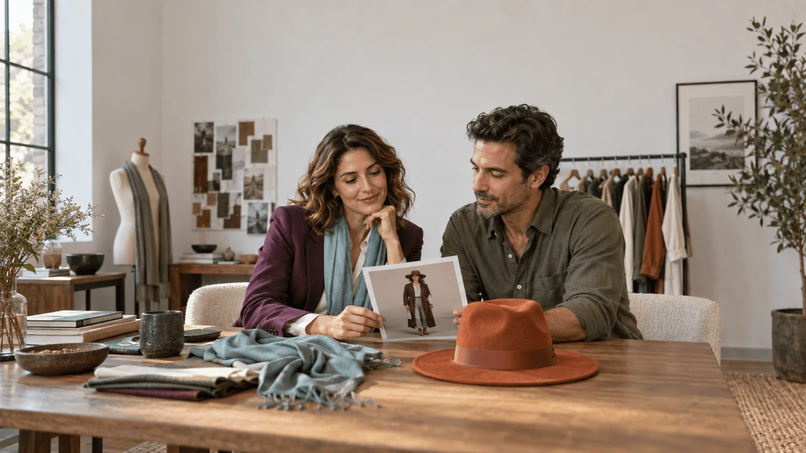Creatori adulti di guardaroba esaminano in studio un cappello arancio bruciato e un concept di ritratto