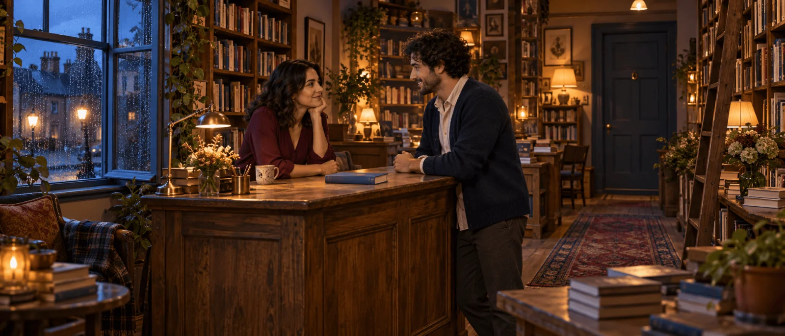 Una donna e un uomo si parlano attraverso un bancone di legno in una libreria illuminata caldamente di notte; un libro blu chiuso è tra loro e la pioggia segna il vetro