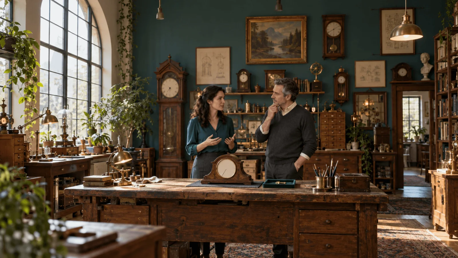 Due restauratori di orologi adulti conversano accanto a un orologio da camino in noce e a una chiave d'ottone intatta su un vassoio di feltro verde