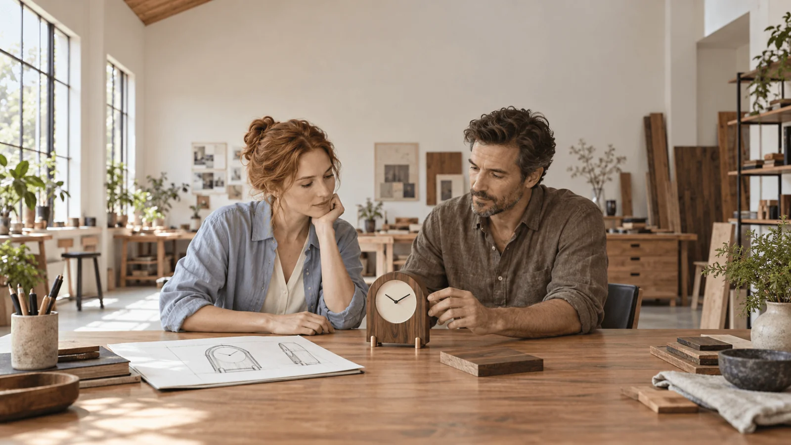 Product designer adulti osservano a un tavolo da studio un orologio ad arco in noce con piedini in ottone