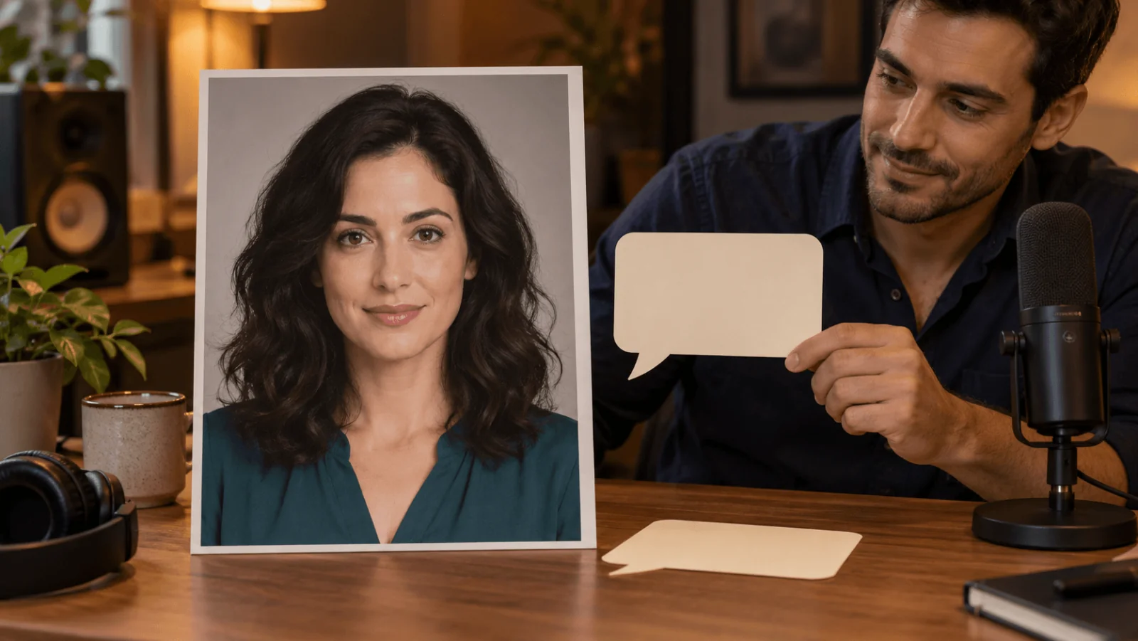 An adult male editor sits beside a printed portrait of a woman in a teal blouse, holding one of two blank speech cards near a microphone.
