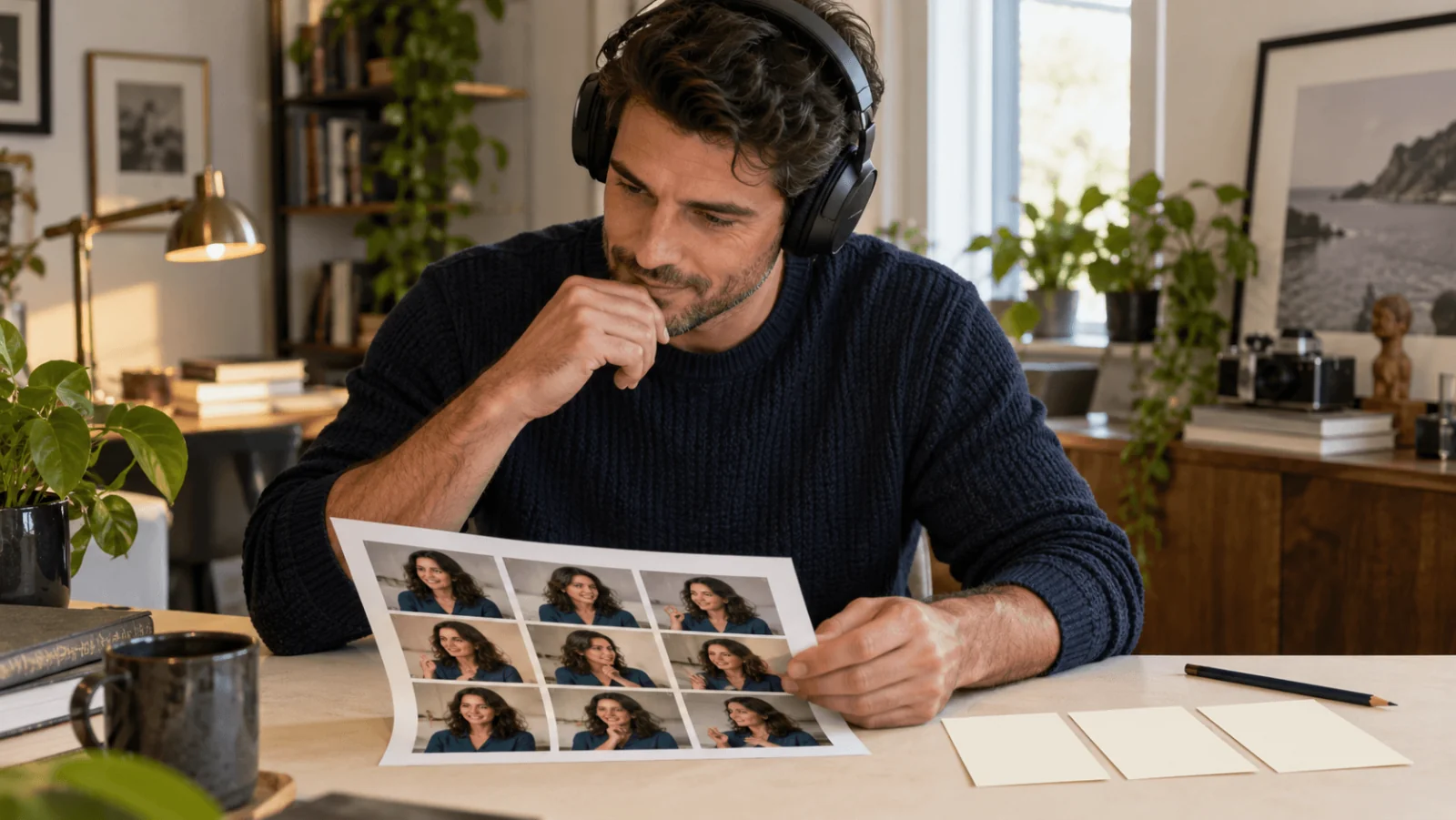 An adult editor wearing headphones reviews a printed nine-portrait contact sheet of a woman in a teal blouse, beside three blank cards.