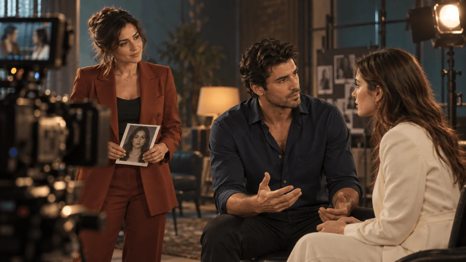 Una direttrice di casting adulta fittizia in abito color ruggine è su un set accanto a un uomo adulto e a una donna adulta, tenendo in mano una stampa di ritratto.