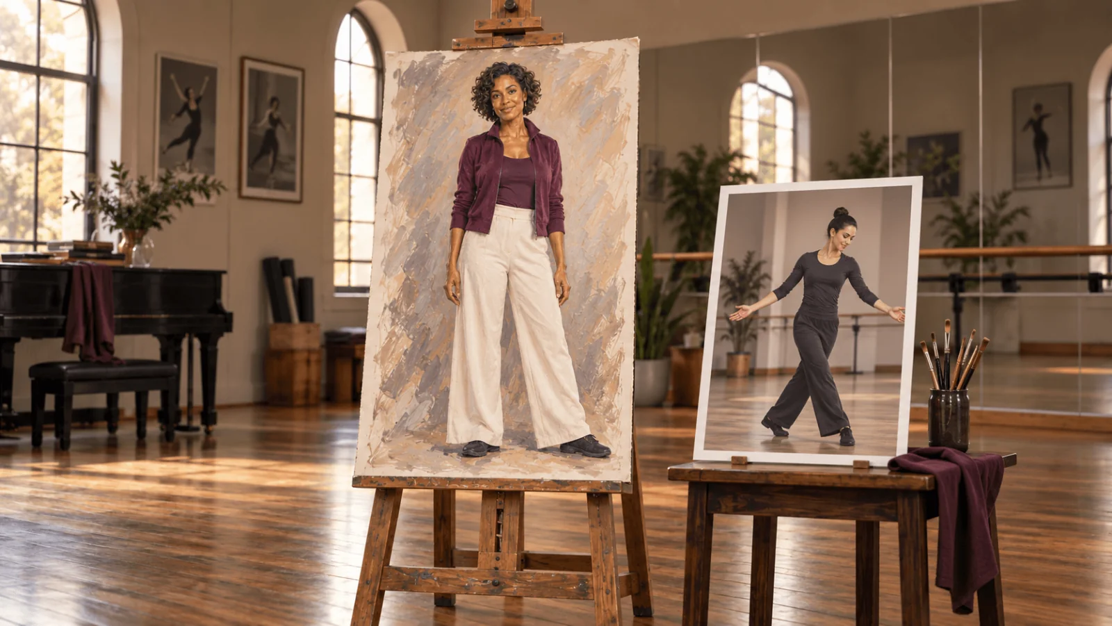 Personnage adulte peint en pied à côté d'une photo physique de répétition d'une autre interprète adulte