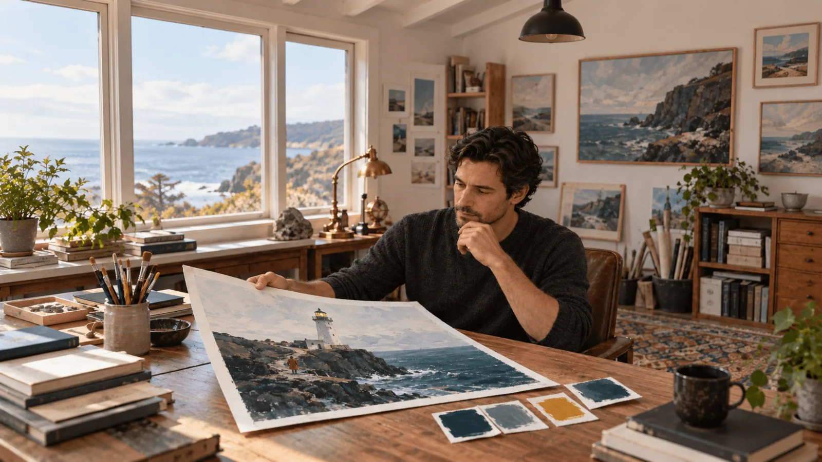 Illustratore adulto immaginario che osserva un'illustrazione fisica di un faro accanto a campioni di colore in uno studio sul mare