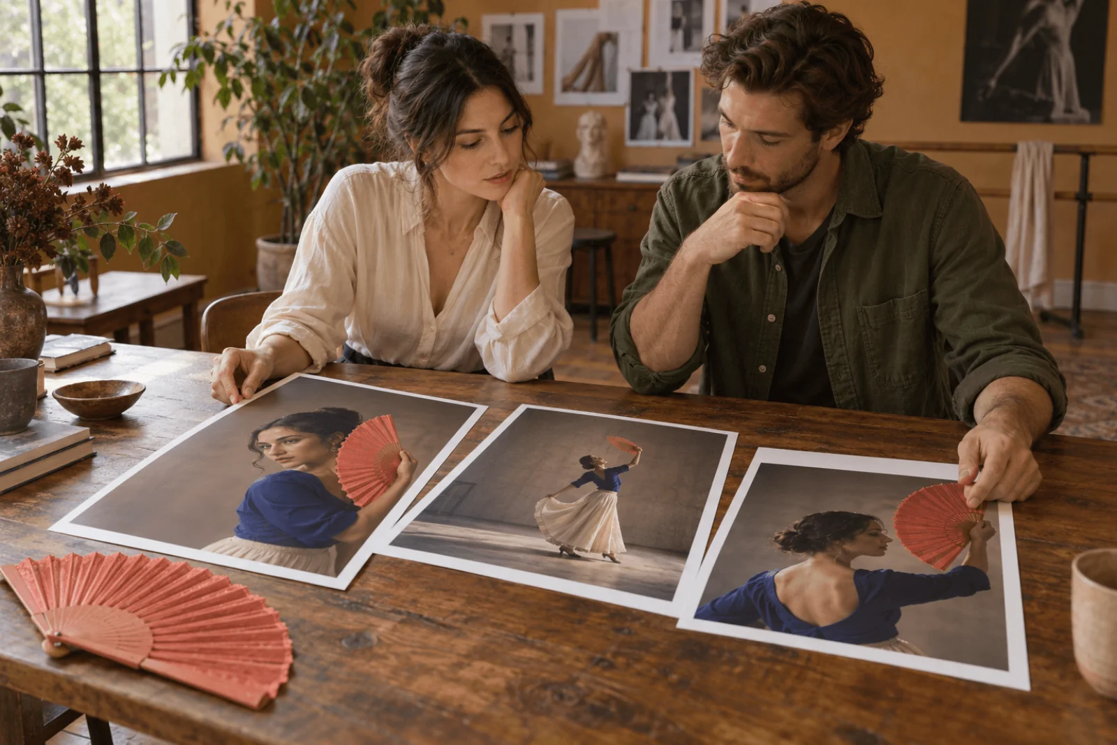 Two adult creators reviewing three printed dancer concept photographs and a coral fan on a table