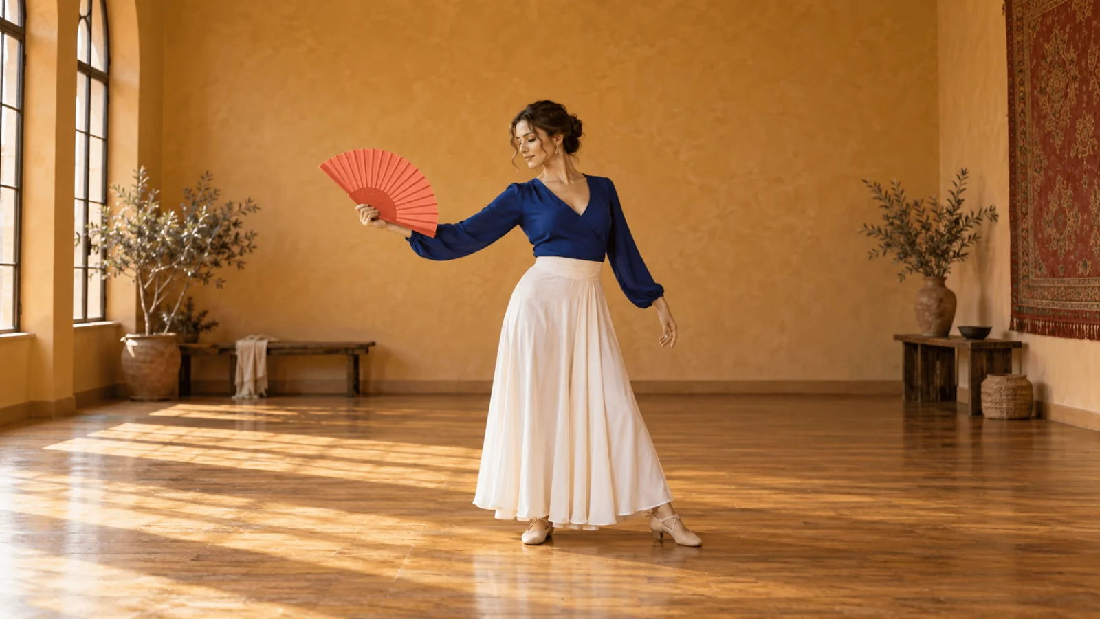 Ballerina adulta con camicia blu cobalto e gonna avorio, che tiene un ventaglio corallo in uno studio di prova color ocra