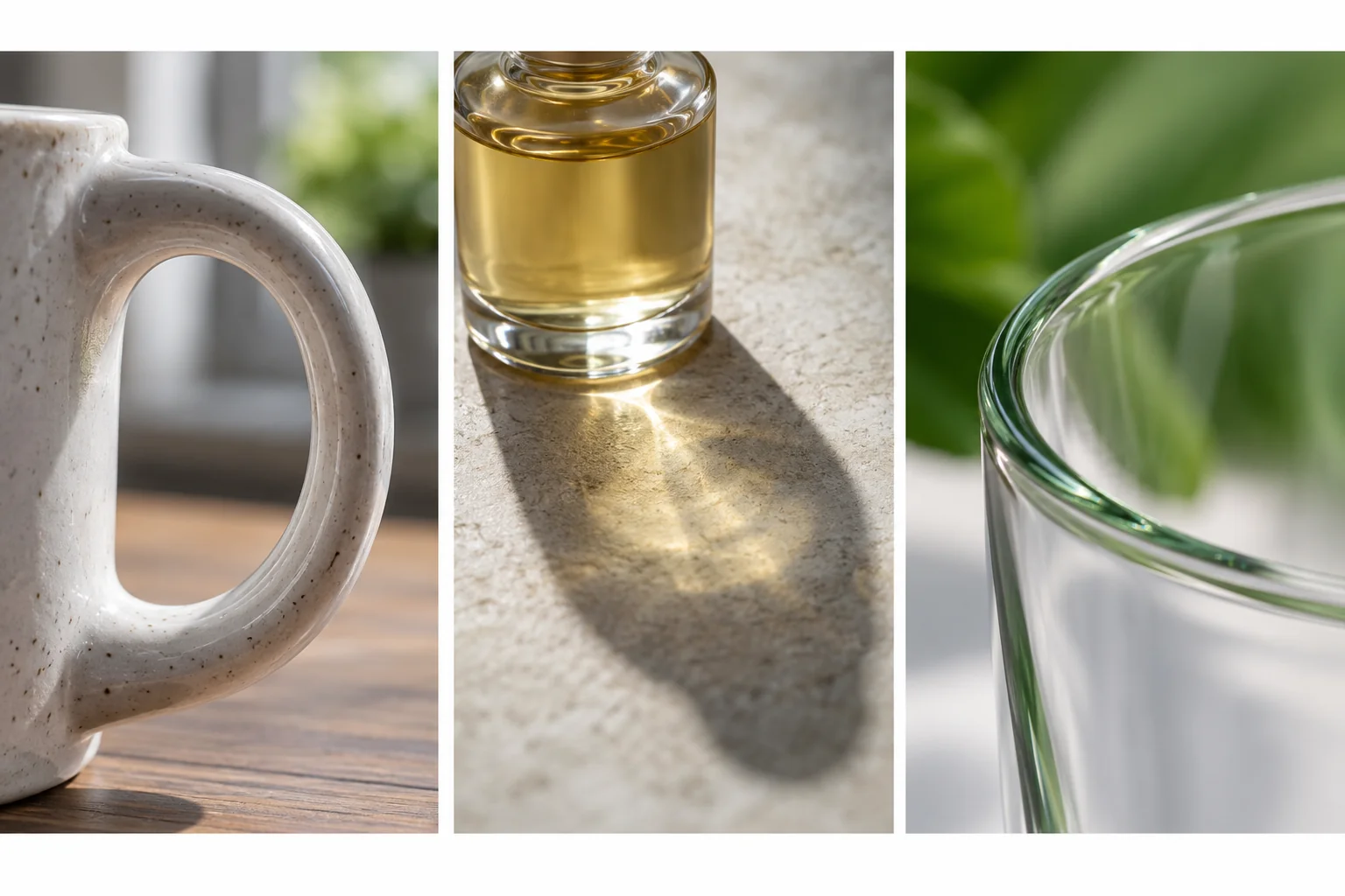 Tre primi piani: l'apertura del manico di una tazza puntinata, una fialetta d'olio con una lunga ombra proiettata sulla pietra e il bordo di un bicchiere davanti al fogliame, che mostrano manici, ombre e vetro che richiedono decisioni diverse