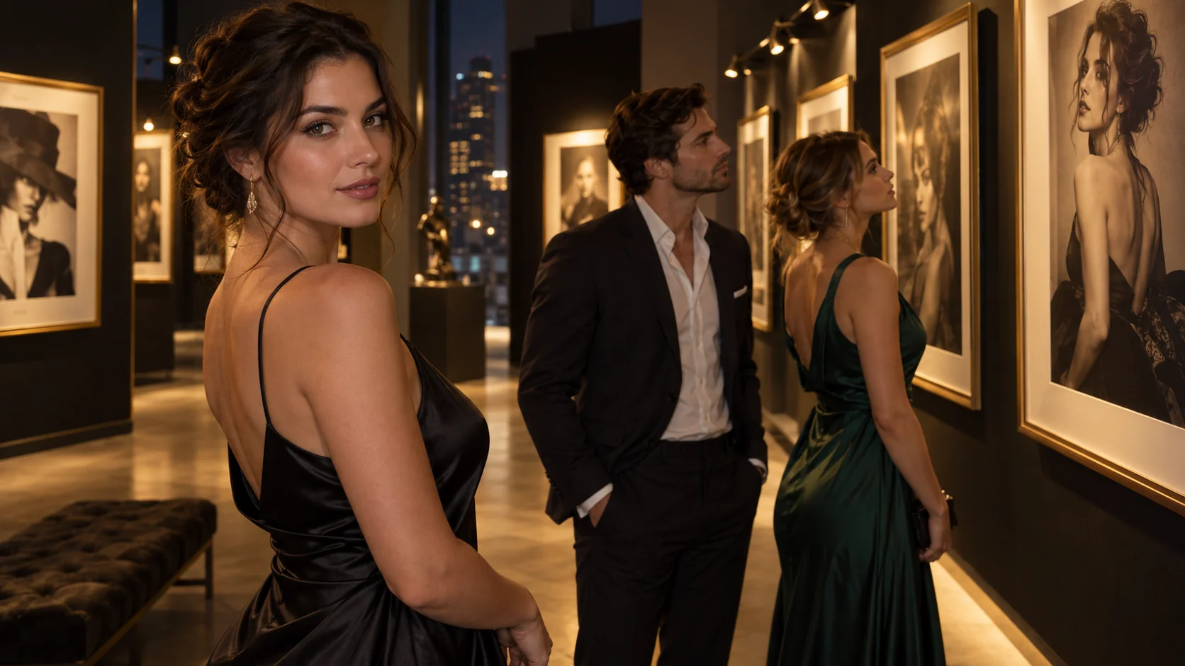 Tre adulti in abiti da sera guardano dei ritratti in una galleria fotografica illuminata da una luce calda