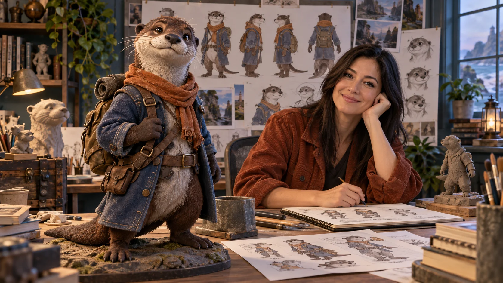 Un’artista di personaggi accanto a una maquette di lontra esploratrice e disegni del personaggio da più angolazioni
