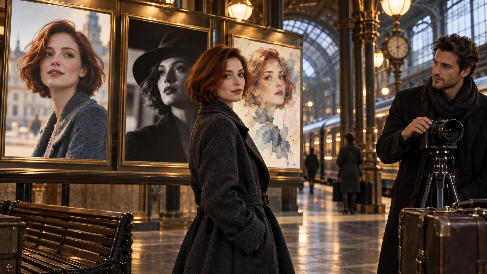 Una donna in una stazione ferroviaria accanto a tre ritratti con trattamenti visivi diversi e un fotografo