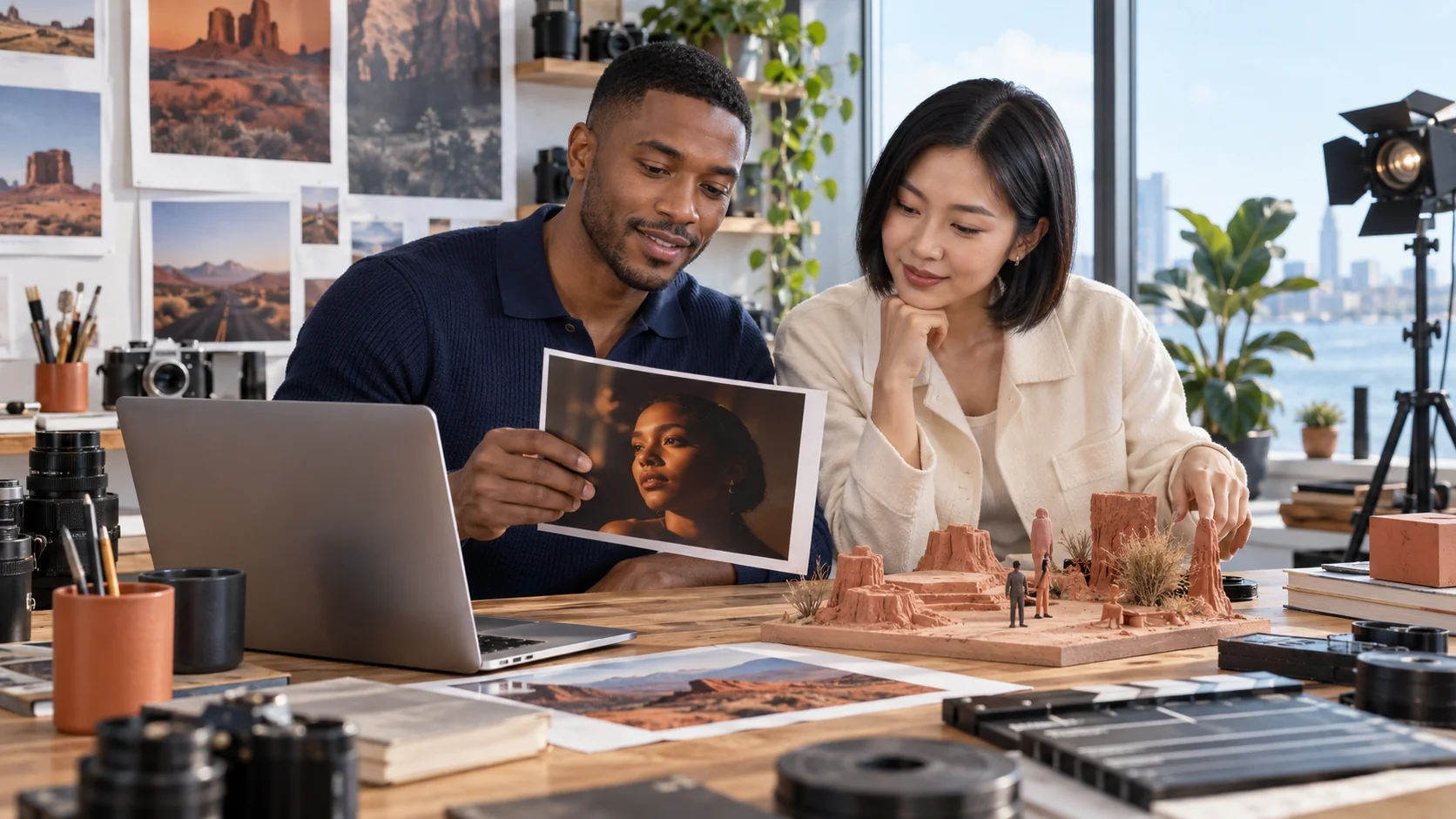 Due collaboratori esaminano un ritratto e una scena cinematografica in miniatura su un banco di lavoro in studio
