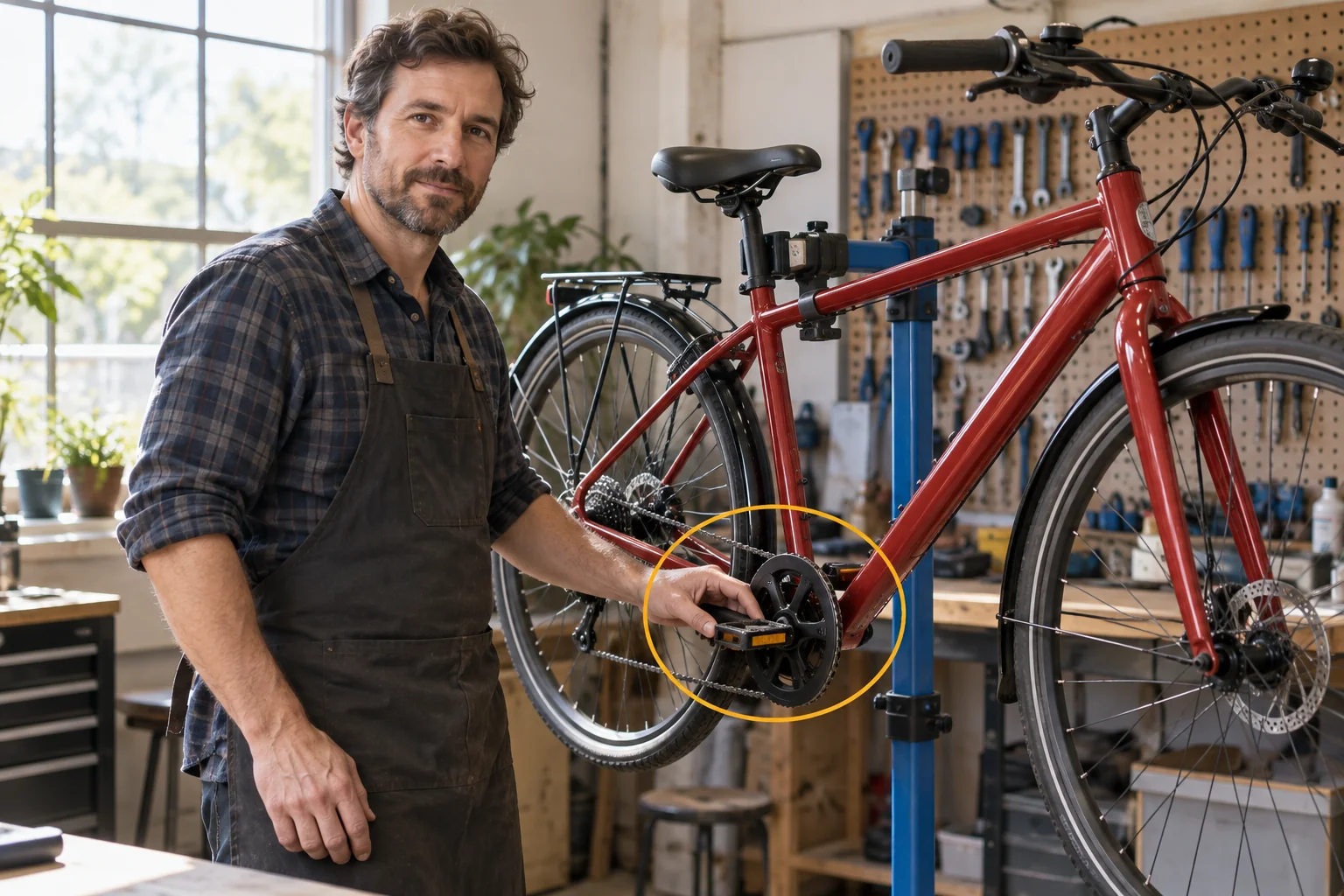 Illustration eines Mechanikers, der das Pedal eines roten Pendlerfahrrads auf einem Montageständer hält, das Pedal ist markiert.