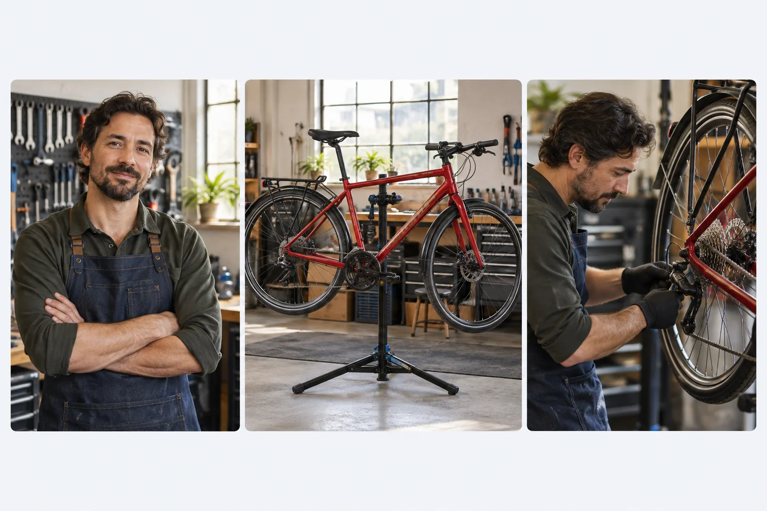 Illustration einer Referenztafel: ein Porträt eines Mechanikers, ein rotes Fahrrad auf einem Montageständer und ein Mechaniker, der die hinteren Gänge einstellt.