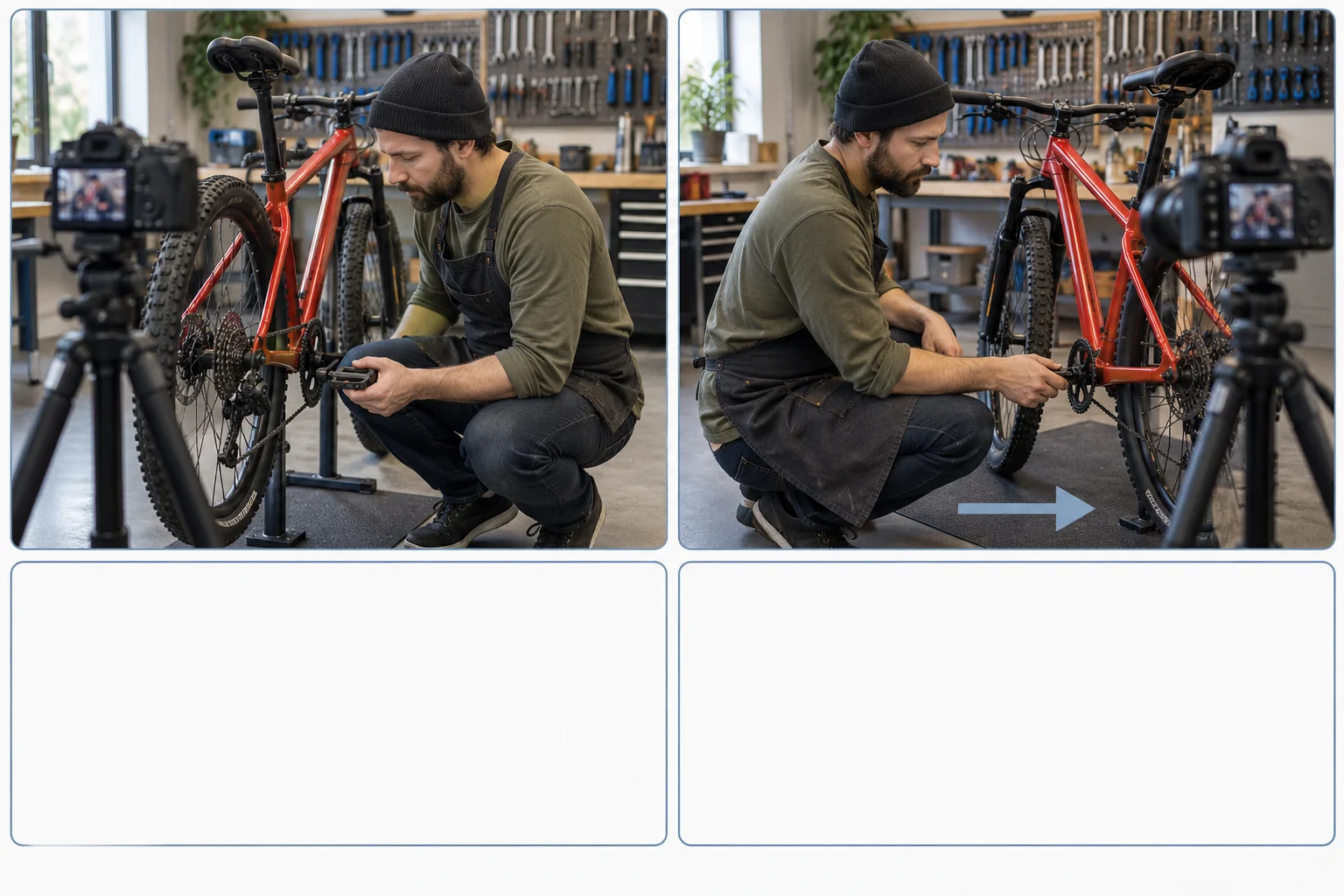 Illustration von zwei Kamerapositionen für dieselbe Pedalbewegung, darunter leere Felder für Notizen.