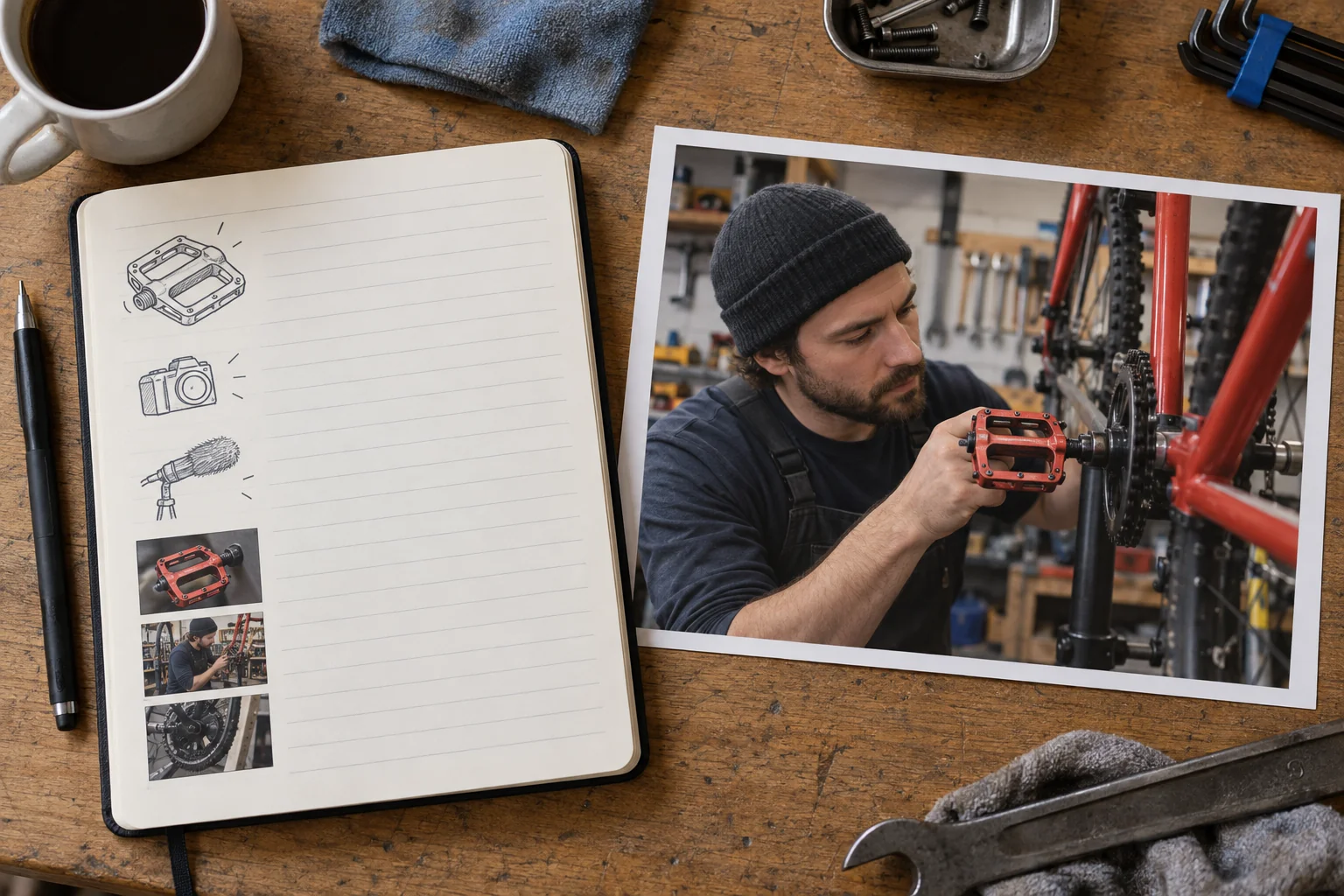 Illustration eines Notizbuchs mit Skizzen von Pedal, Kamera und Mikrofon neben einem Foto eines Mechanikers bei der Arbeit.