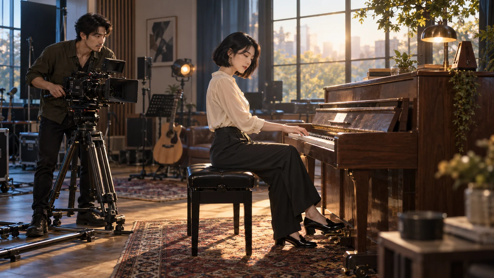 Una donna suona un pianoforte verticale con mani e pedale visibili mentre una regista inquadra la scena