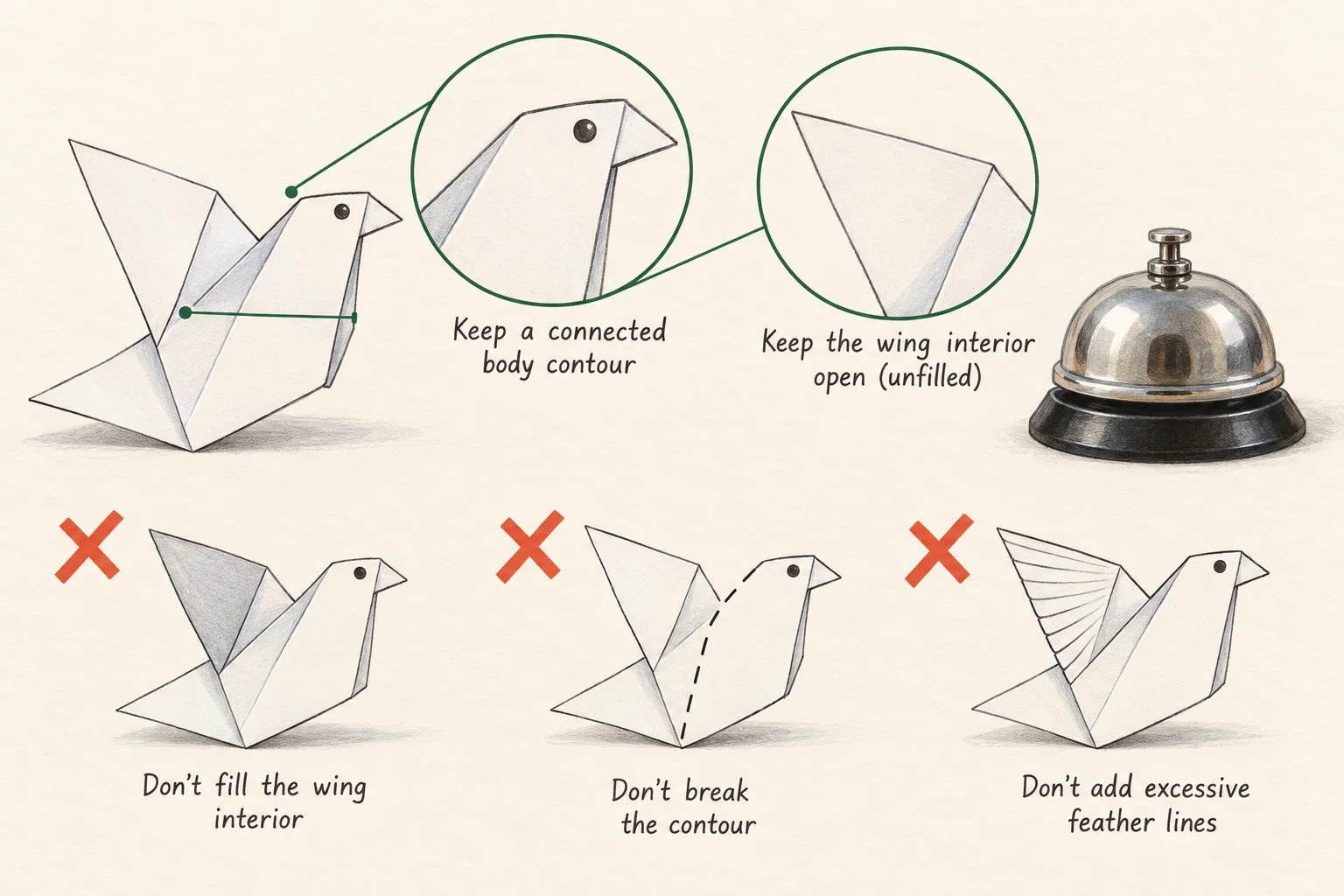 Cieniowany ptak origami w stylu ołówkowym i srebrny dzwoneczek na biurku, z dwiema zakreślonymi szczegółami (spójny kontur tułowia, otwarte wnętrze skrzydła) i trzema przekreślonymi błędami: wypełnione skrzydło, przerwany kontur, zbyt wiele linii piór.