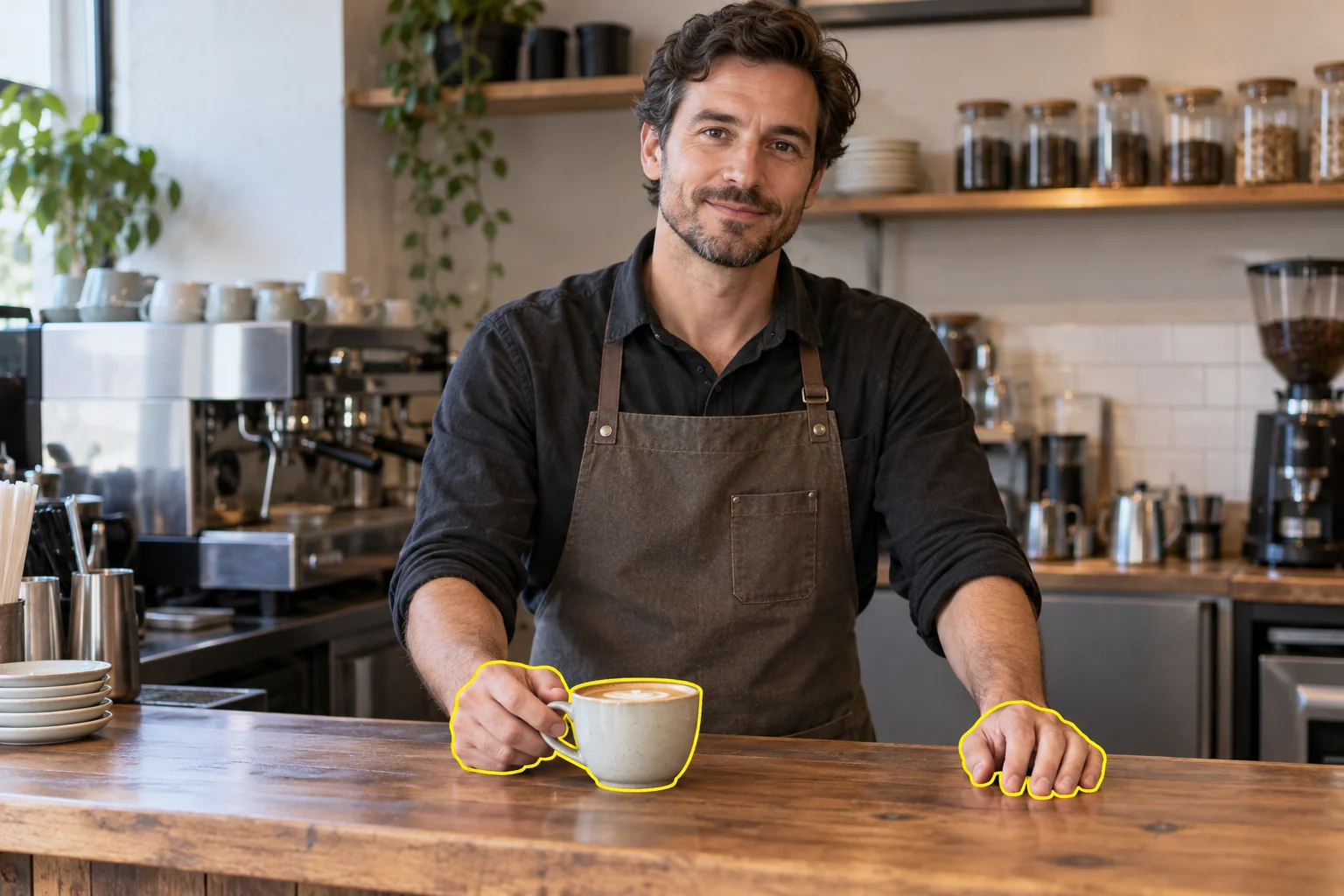 Illustrazione editoriale di un barista al bancone con mani e tazza delineate, che mostra cosa controllare in un'inquadratura di partenza prima di animare