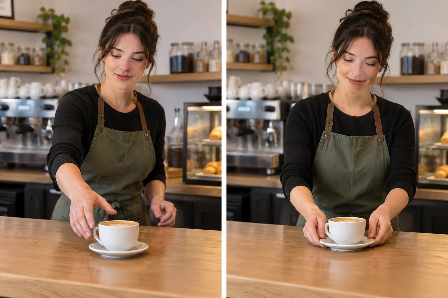 Illustrazione editoriale di un barista che porge la mano verso una tazza e un piattino in due viste statiche, che mostra come semplificare un gesto
