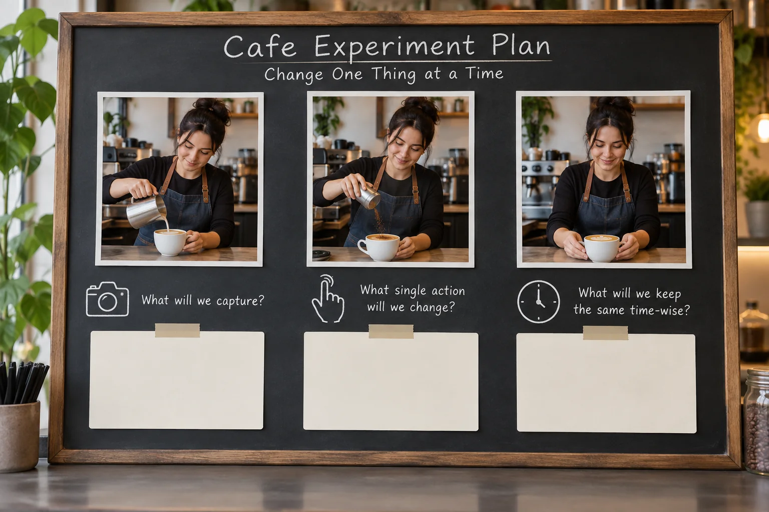 Illustrazione editoriale di una lavagna di esperimenti di caffetteria con tre scene di barista e schede di registrazione vuote, che mostra un piano di test con una sola modifica per tentativo