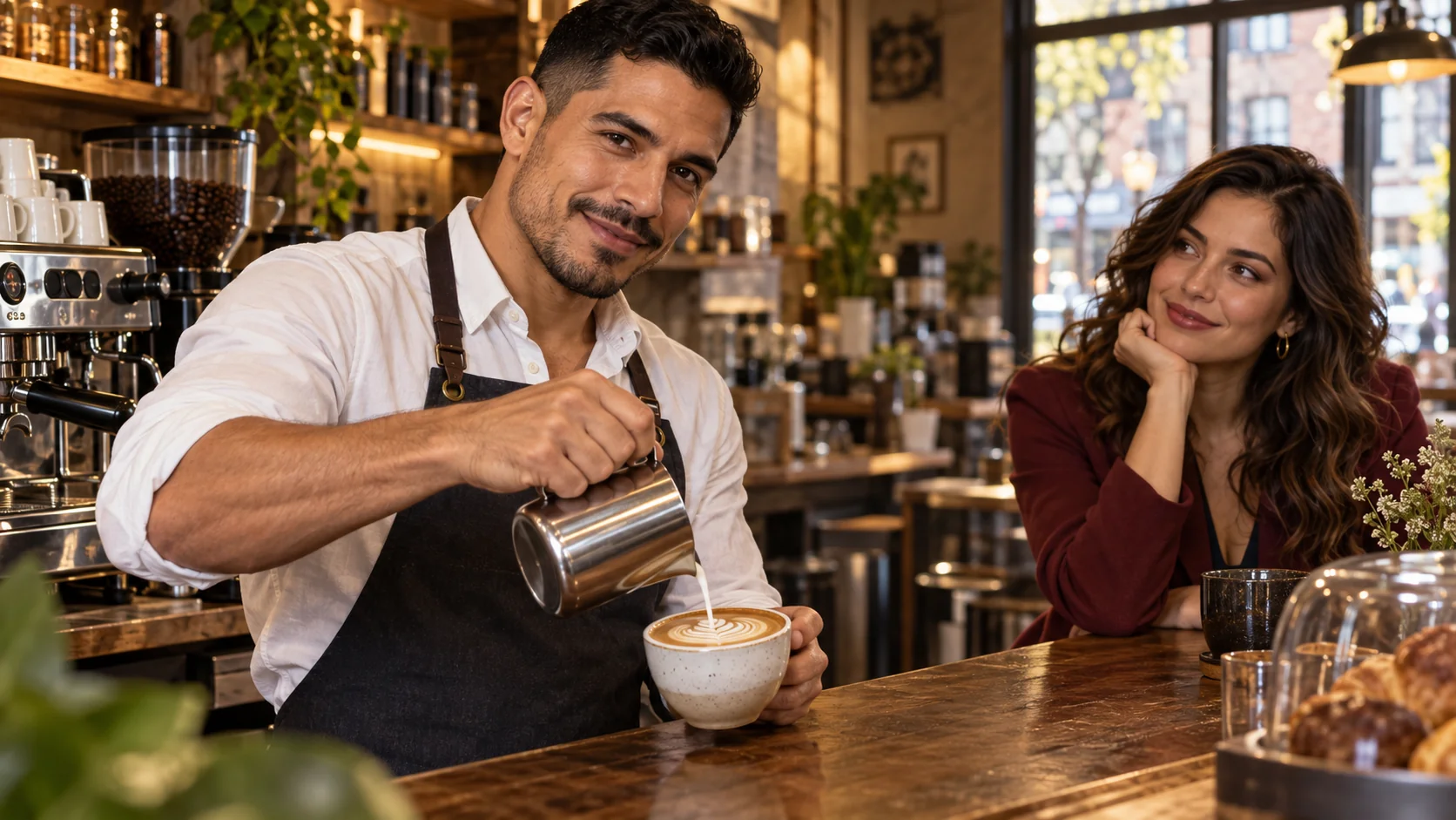 Un barista versa latte in una tazza di caffè mentre una donna guarda dal bancone