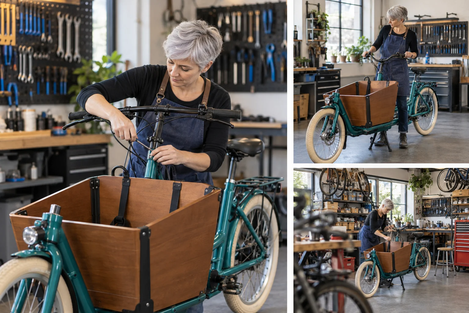 Illustration of a mechanic and a teal cargo bicycle in a close view, a full view and a busier wide view of the workshop. It shows the kind of clips to choose: an unobstructed subject with readable traits. These are illustration frames, not Wan 2.6 output.