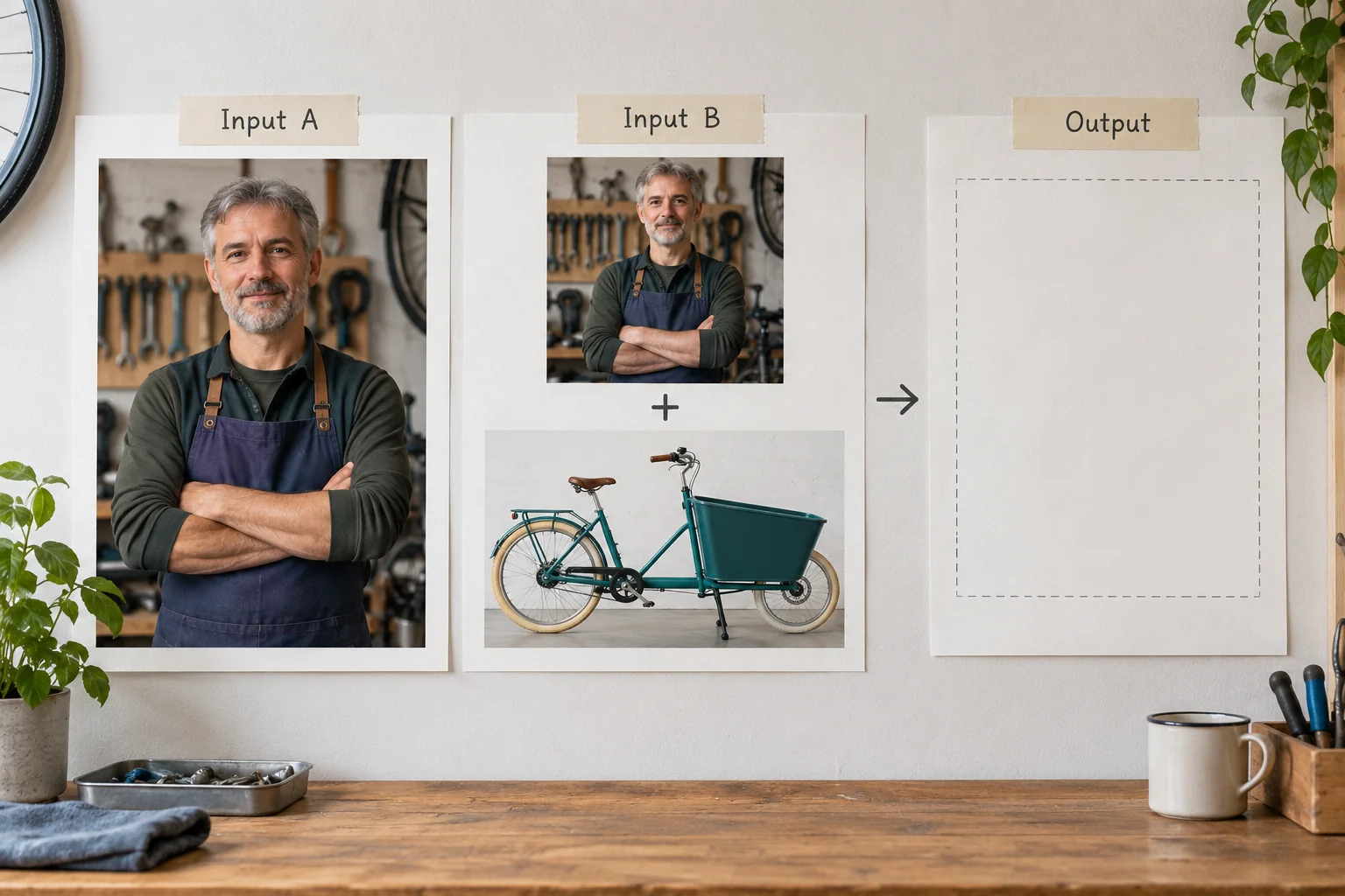 Illustration of a test board: a mechanic alone, a mechanic plus a cargo bicycle, and an empty output panel. It shows the comparison to run, not a result.