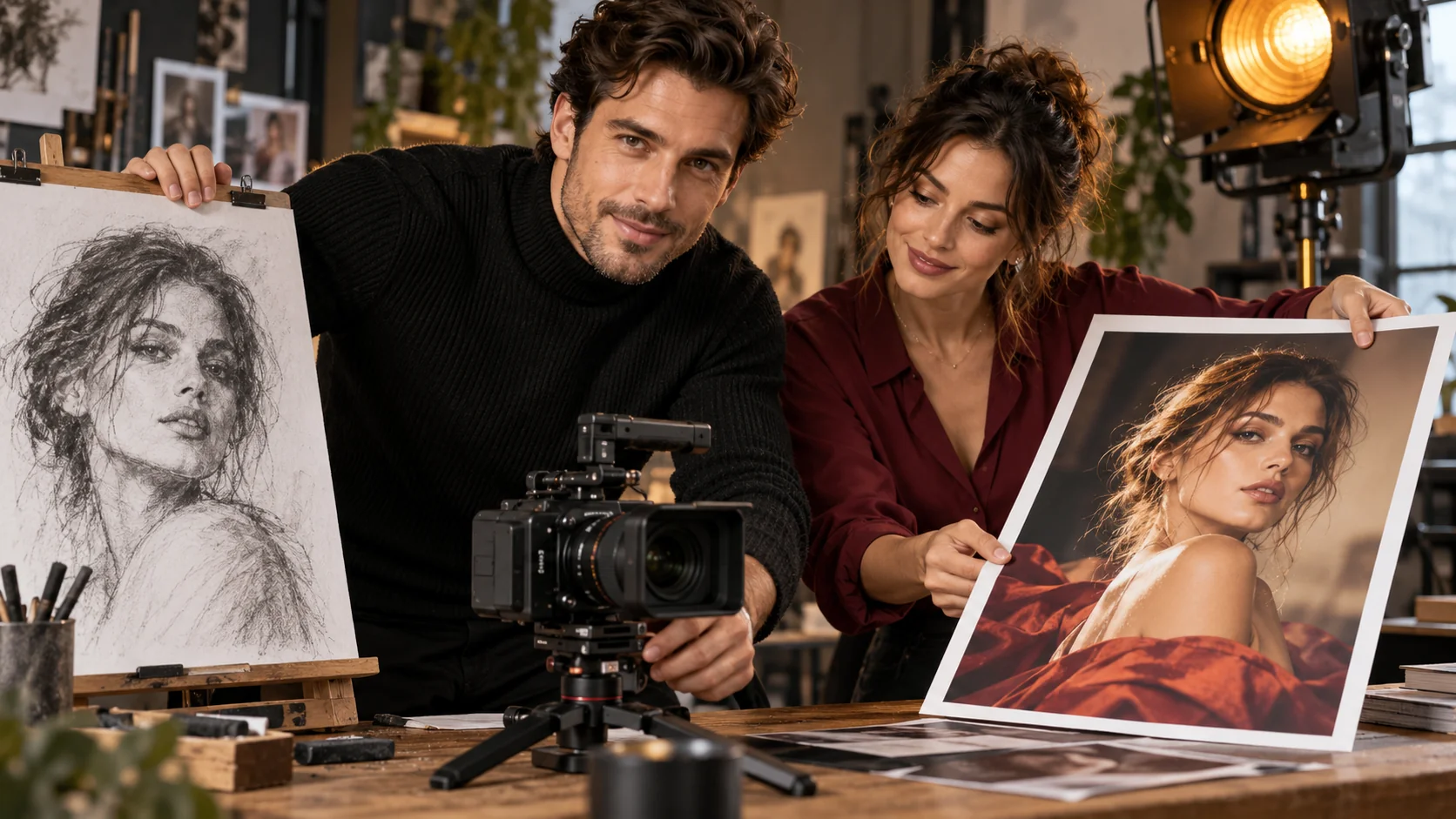 Due artisti con uno schizzo di ritratto e un ritratto finito accanto a una cinepresa
