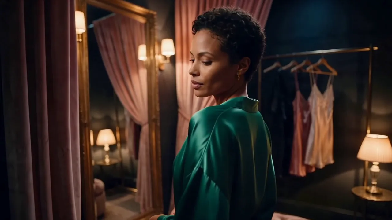 Un fotogramma del clip reference to video: una donna con ricci corti naturali in una vestaglia di seta smeraldo si volta verso uno specchio dorato in un camerino di boutique
