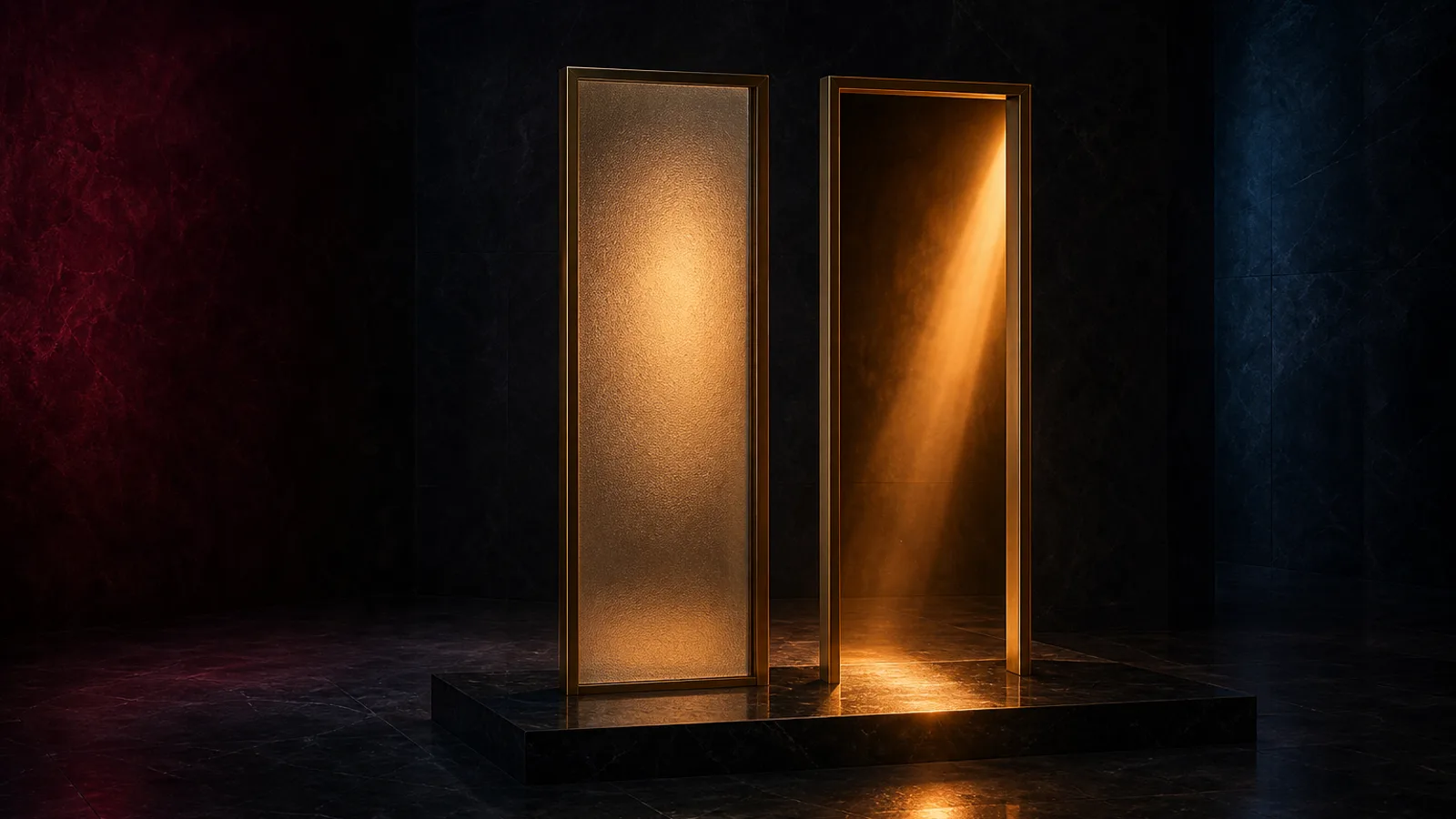 Due sottili cornici di ottone su un basamento di pietra nera: una riempita di vetro satinato che trattiene la luce ambrata, l’altra aperta, con un fascio di luce dorata che la attraversa