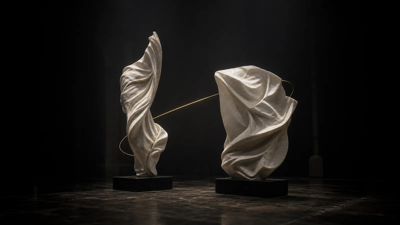 Due sculture di marmo chiaro di tessuto drappeggiato su plinti neri in una galleria buia, una più alta e più raffinata, unite da una sottile linea dorata di luce