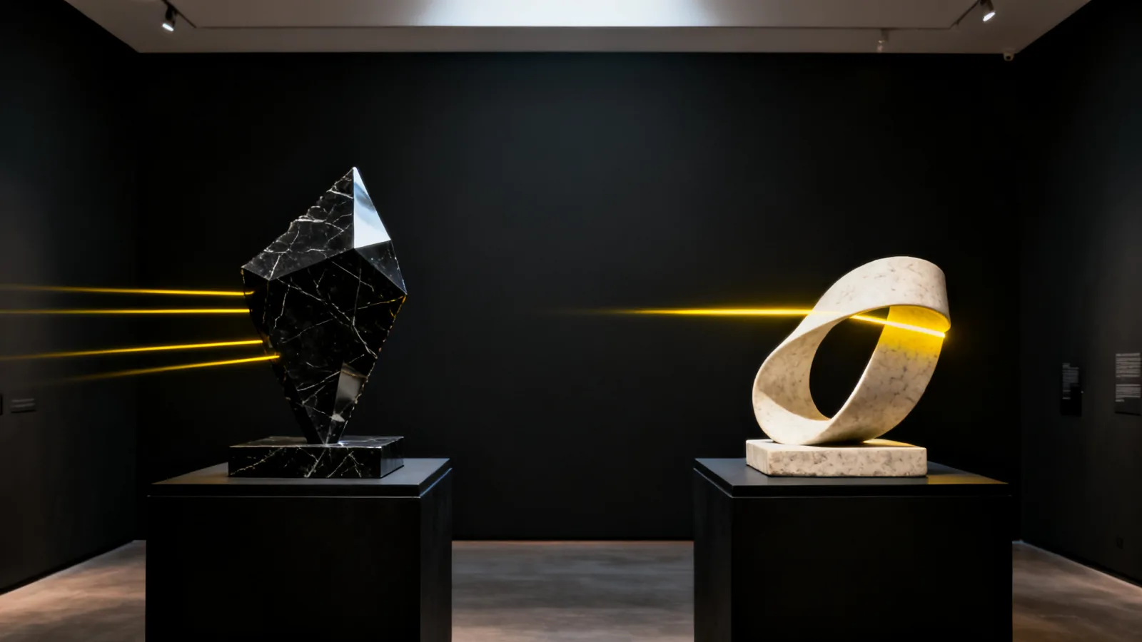Due sculture su piedistalli neri separati in una galleria buia: una forma sfaccettata in marmo nero con quattro sottili scie di luce gialle e un nastro di pietra chiara con un’unica scia spessa