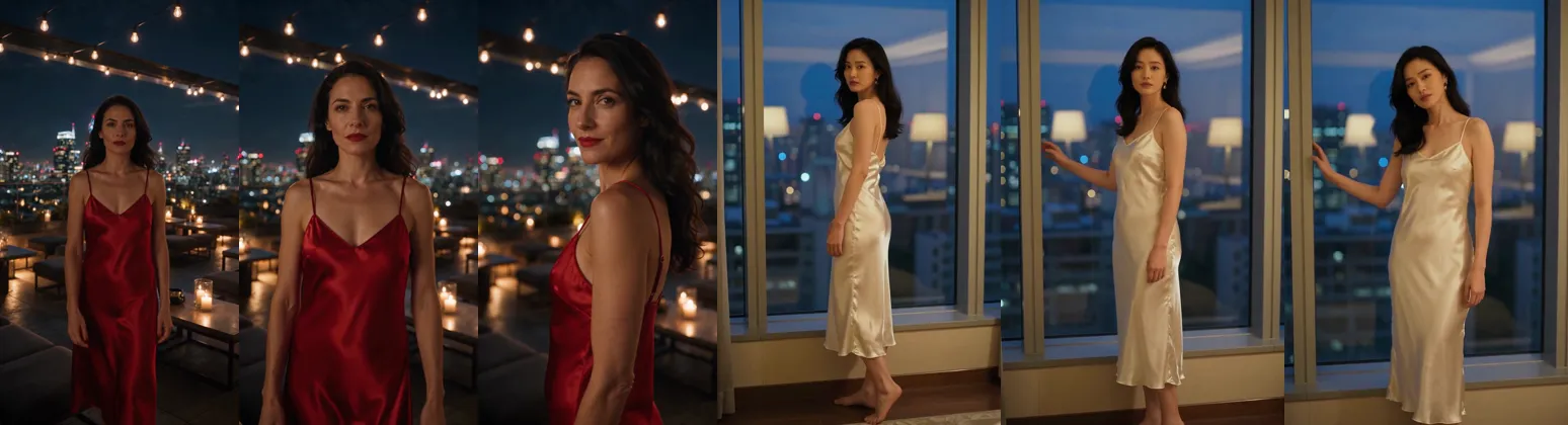 Fotogrammi da un clip pubblicato di Seedance 2.5 reference to video con una donna in abito di raso rosso su un rooftop bar, seguiti da un clip pubblicato di Seedance 2.5 Spicy image to video con una donna in sottoveste di raso color crema che si gira a una finestra d’albergo