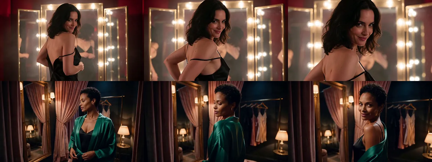 Fotogrammi dall’inizio, dal centro e dalla fine di due clip pubblicati di Vidu Q4 Preview: una donna in abito sottoveste nero davanti a uno specchio a tre ante e una donna con una vestaglia verde smeraldo sopra una sottoveste nera in un camerino