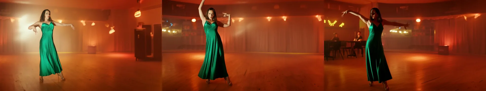 Tre fotogrammi di una donna adulta con un abito di seta verde smeraldo che balla da sola sulla pista di un jazz club sotto luci ambra e rosse, da sinistra a destra: braccia alzate all'inizio, in rotazione a metà clip, braccia aperte alla fine.