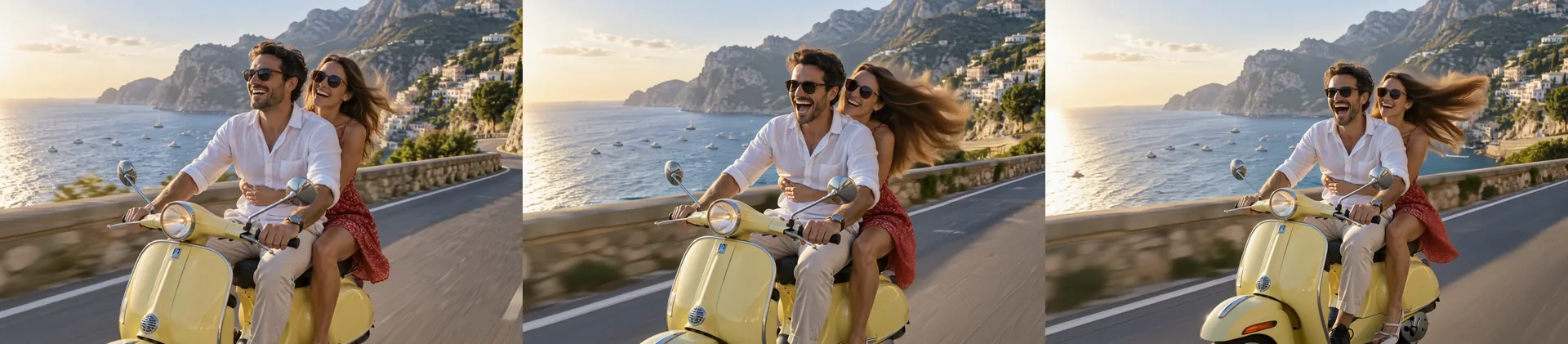 Quattro fotogrammi di una coppia adulta su uno scooter giallo lungo una strada costiera a picco sul mare all'ora dorata, con i lunghi capelli e l'abito rosso della donna mossi dal vento, il mare e un villaggio alle loro spalle.