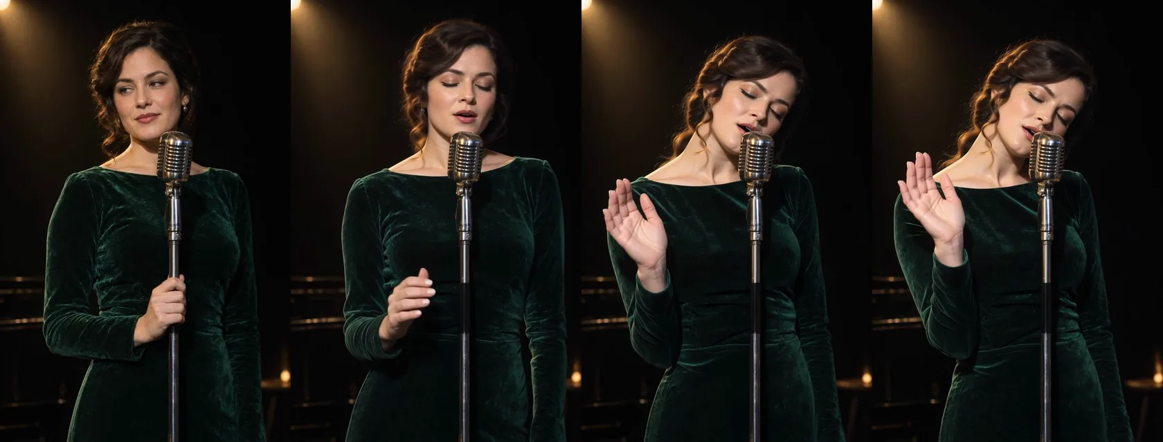 Quattro fotogrammi di una donna adulta in un abito di velluto verde scuro davanti a un microfono d'epoca sotto un faro: all'inizio ferma con gli occhi chiusi, poi che canta con una mano che si alza.
