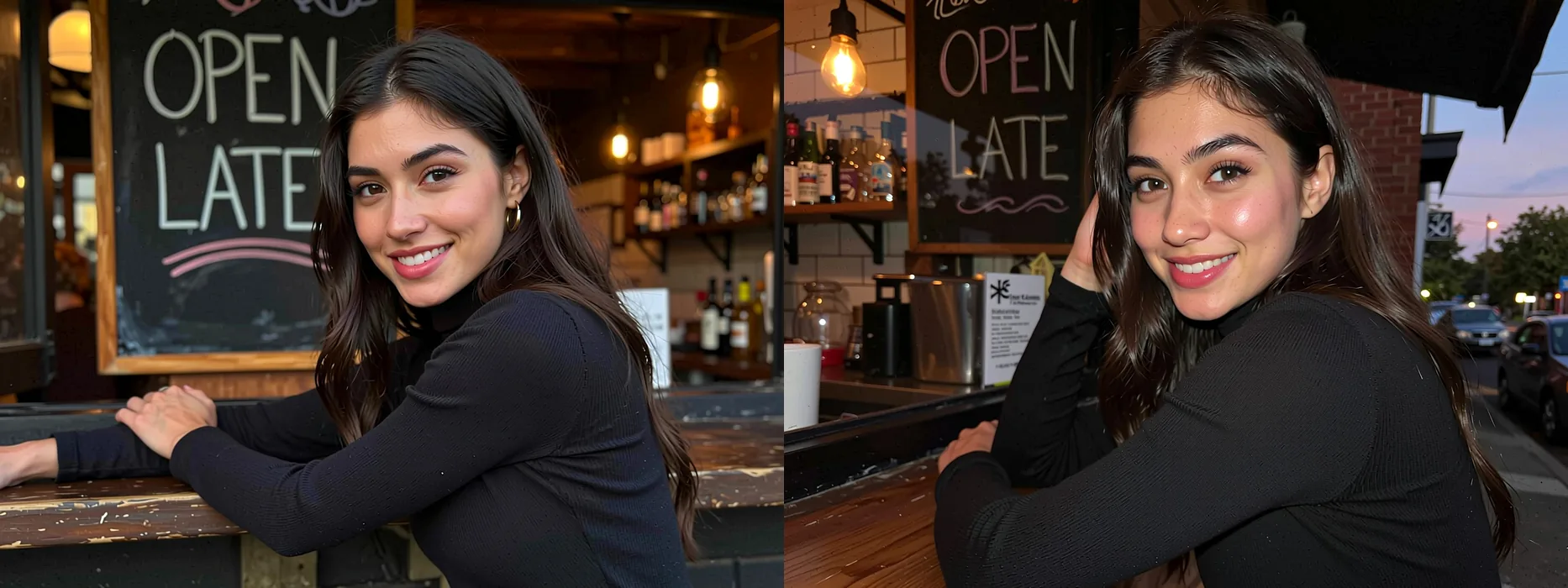 Retrato fotorrealista de uma mulher adulta de cabelo escuro longo, com gola alta preta, apoiada no balcão de um café ao entardecer, com uma placa de quadro-negro atrás dela escrita OPEN LATE.
